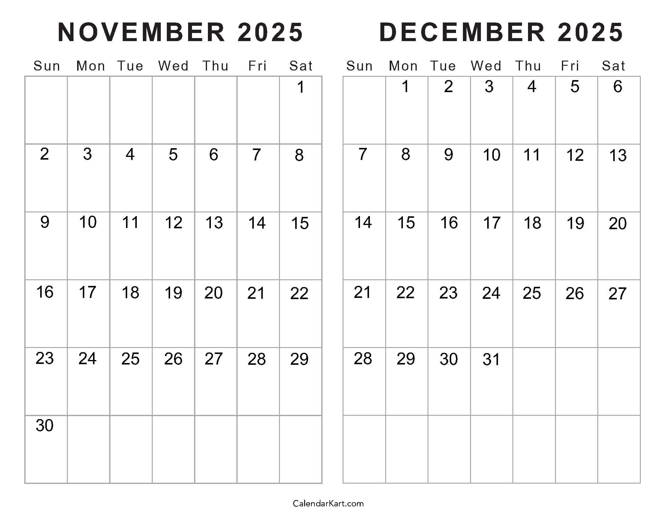 Printable November December 2025 Calendars | Calendarkart in November and December 2025 Calendar