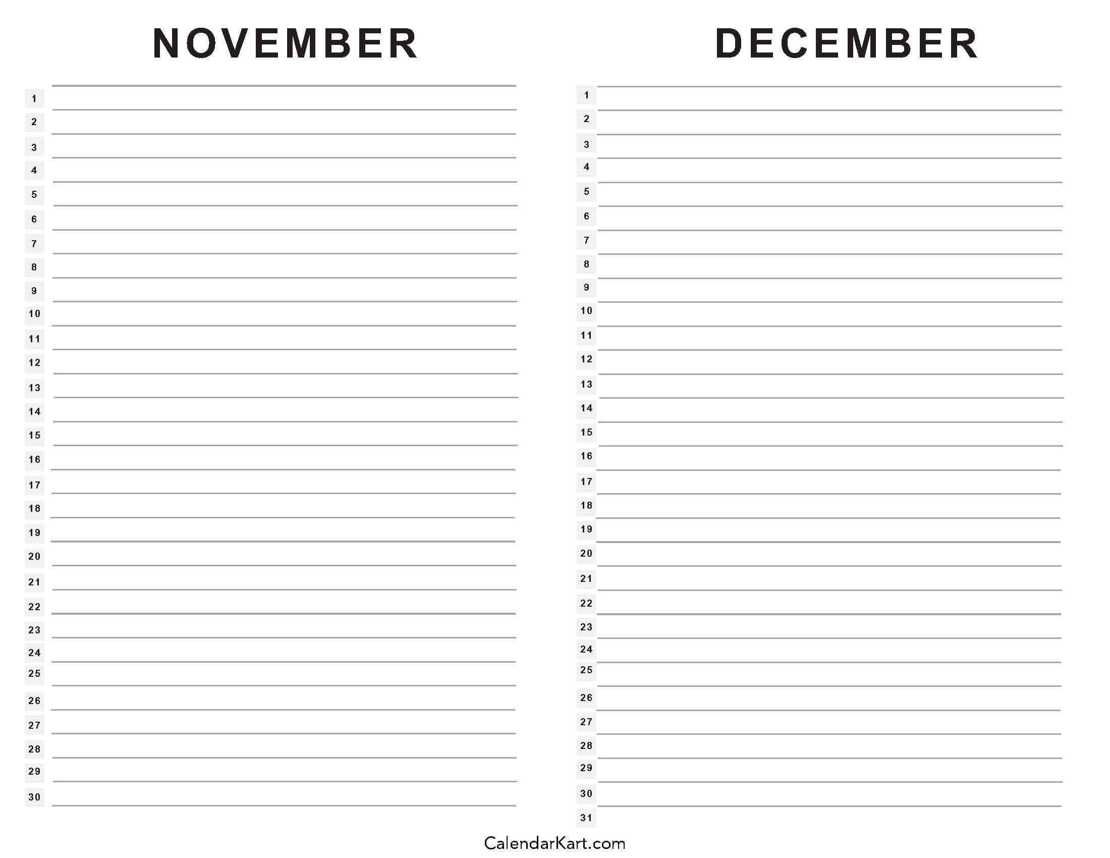 Printable November December 2025 Calendars | Calendarkart inside November 2025 Calendar List