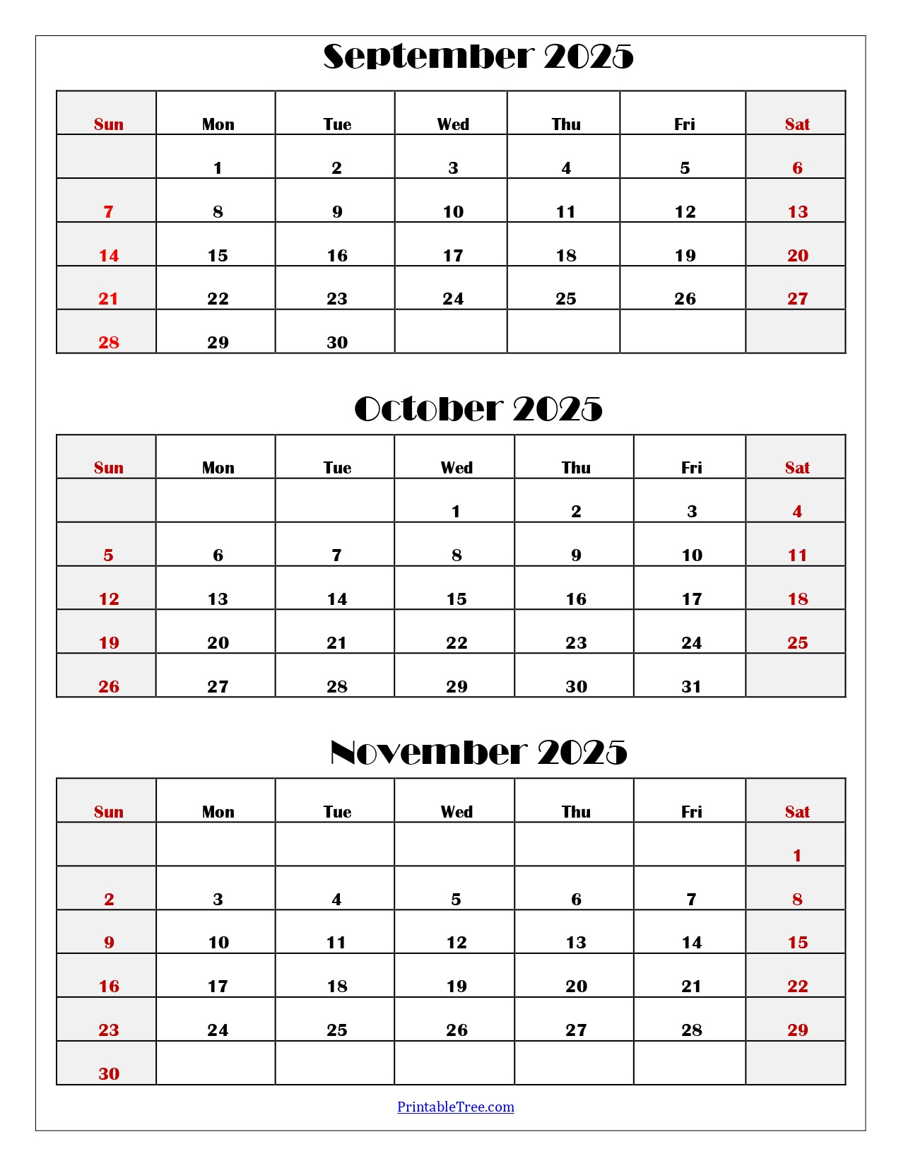 September To November 2025 Calendar Printable Pdf | Three Months in Calendar For August September October November 2025