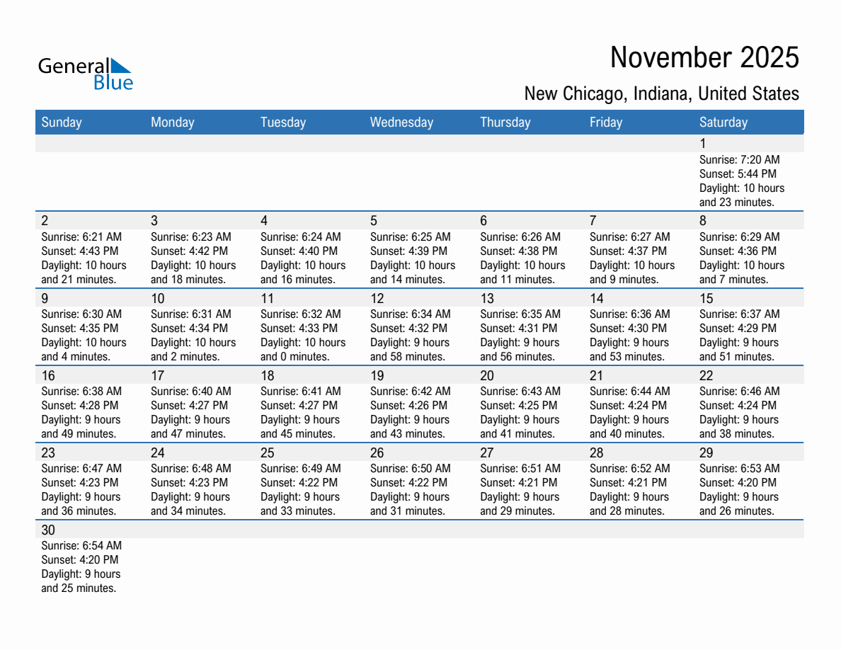 Sunrise And Sunset Times In New Chicago, Indiana, United States with November 2025 Calendar Chicago