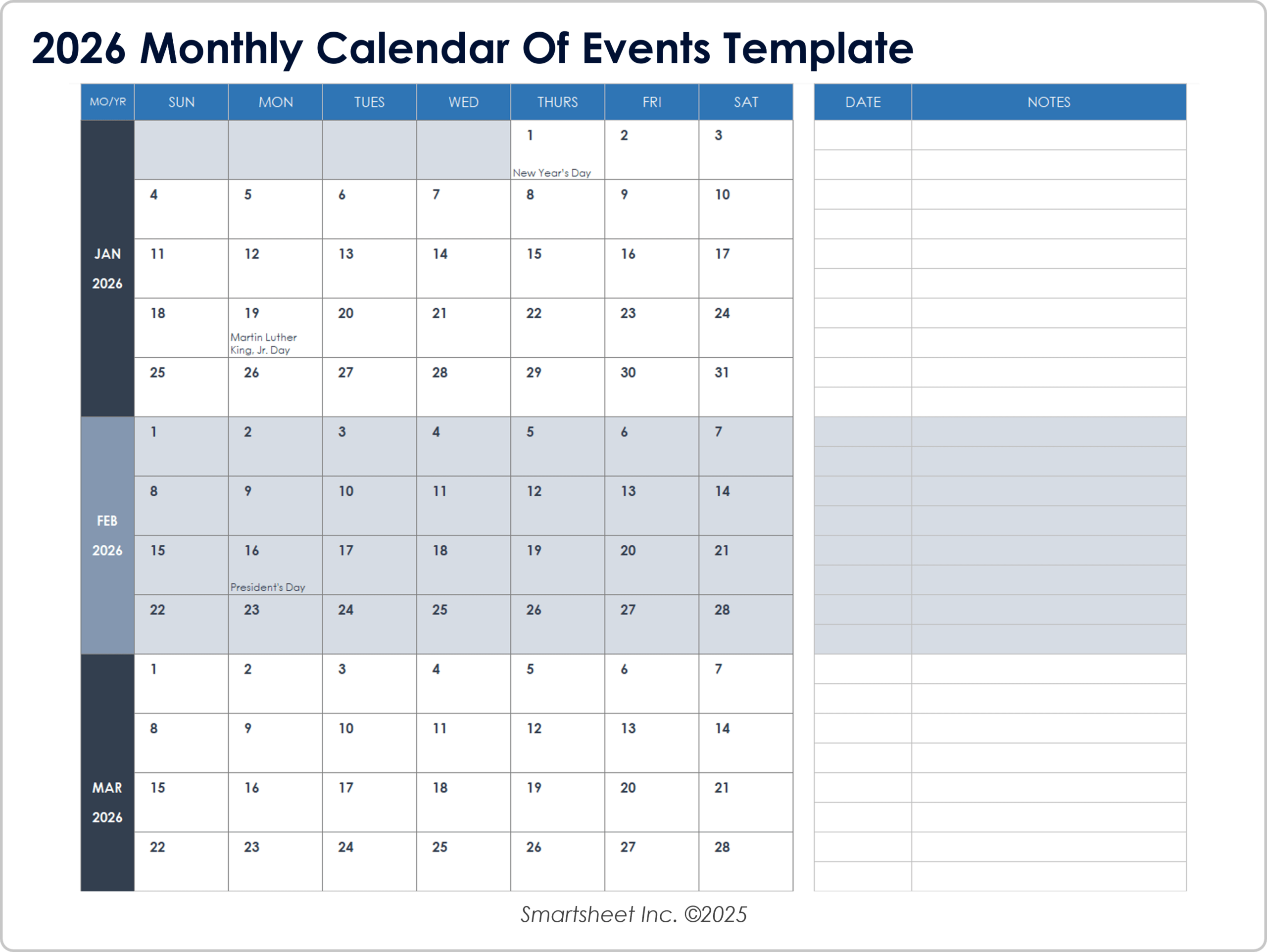 15 Free 2026 Monthly Calendar Templates | Smartsheet with regard to Absence Calendar 2026 Template