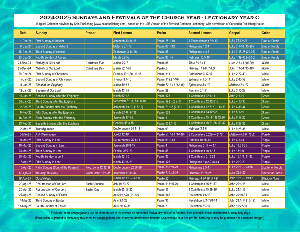 2024-2025 Liturgical Calendar (Year C) K-2025 | Sola Publishing with regard to Liturgical Calendar 2026 Methodist