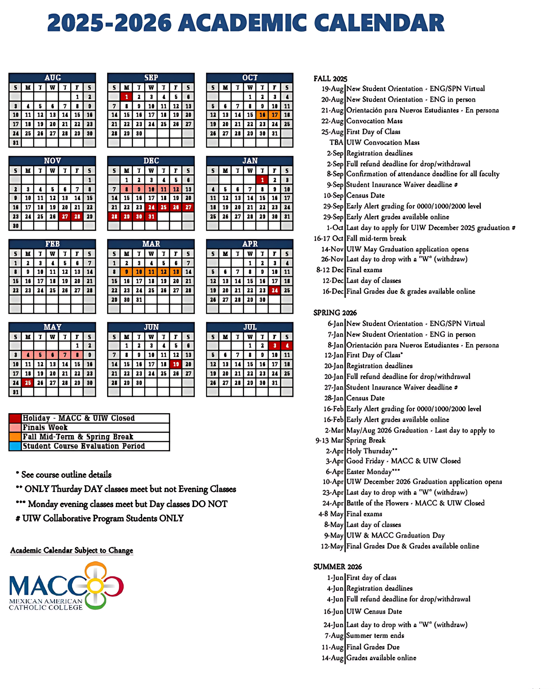2025-2026 Macc Academic Calendar Image - Macc regarding Catholic University Academic Calendar 2026