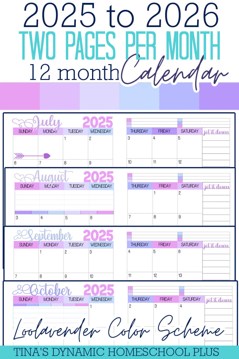2025-2026 Two Pages Per Month Calendar – Loolavender Color throughout 2026 Calendar Printable 2 Months Per Page