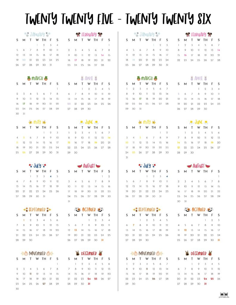 2025-2026 Two Year Calendars - 10 Free Cals | Printabulls pertaining to Calendar 2025 2026 Free Printable