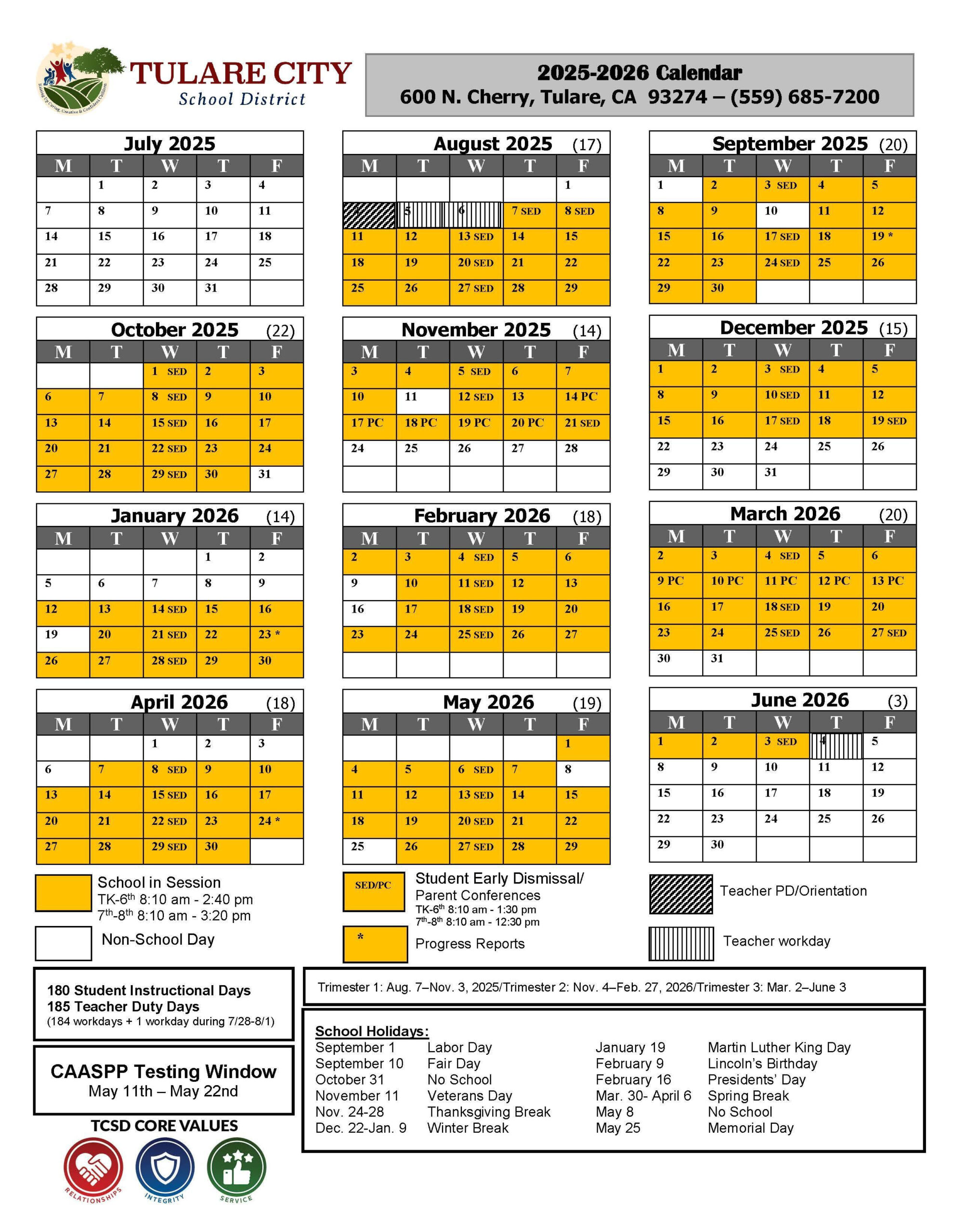 2025-26 Tcsd Calendar | Tulare City School District with regard to Tusd 2025 To 2026 Calendar Printable