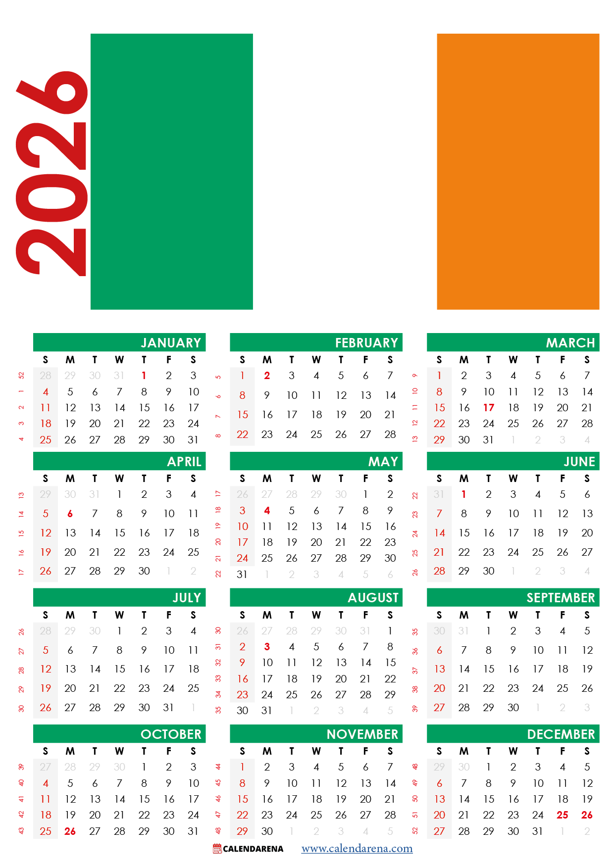 2025 Calendar Ireland With Holidays pertaining to Calendar 2026 Printable Ireland