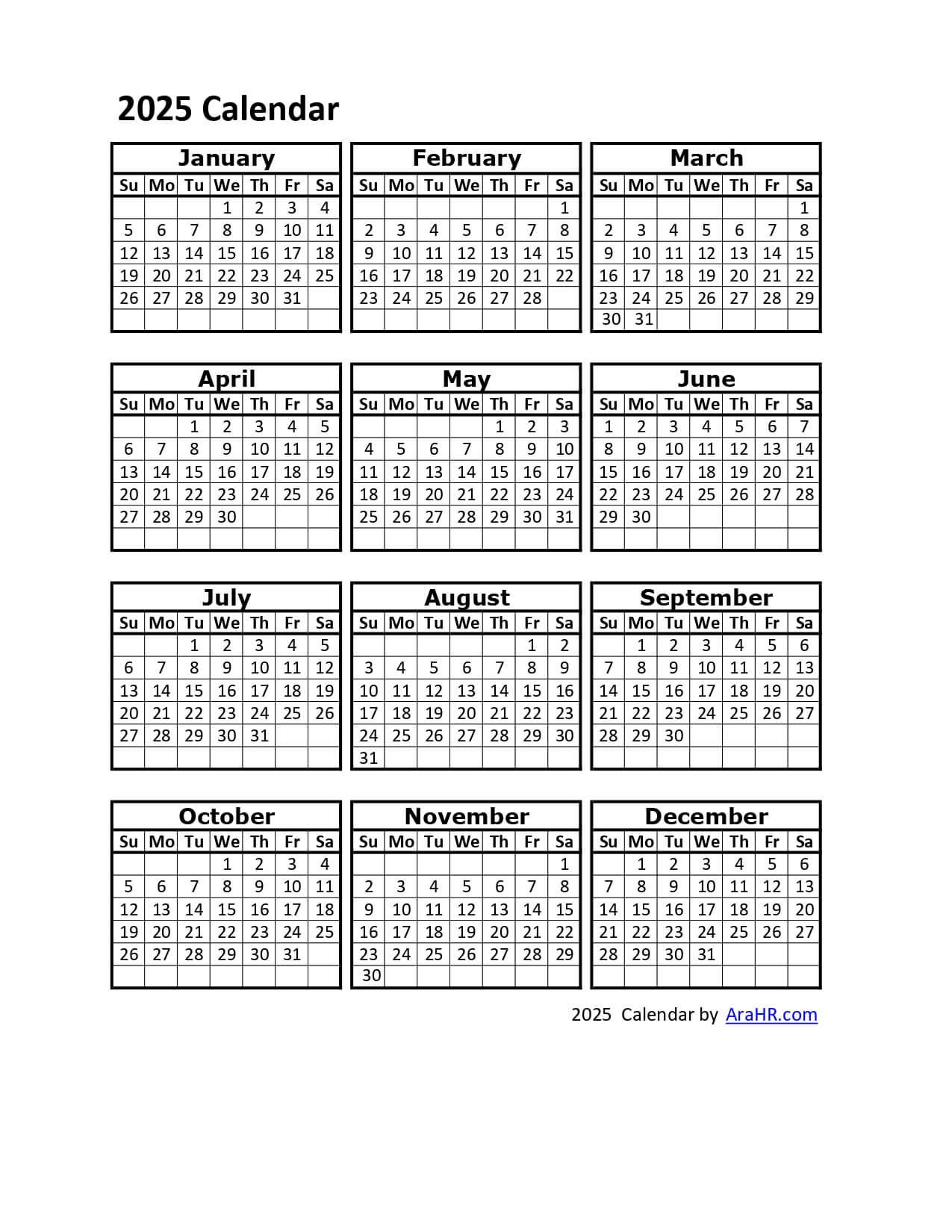 2025 Calendar - Yearly - Monthly - Free - Printable - Template for Free Printable Employee Attendance Calendar