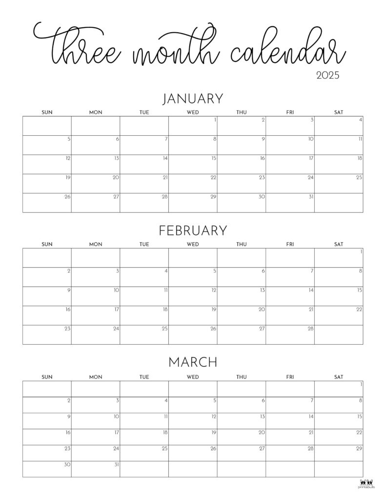 2025 Three Month/Quarterly Calendars - 36 Free Cals | Printabulls for 3 Month Printable Calendar 2025 - 2026