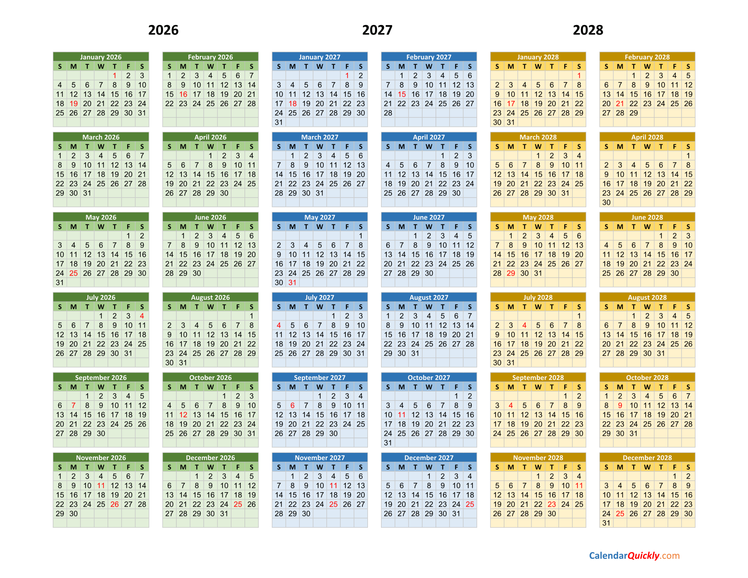 2026-2027-2028 Calendar | Calendar Quickly in Printable 3 Year Calendar 2026 2027 2028