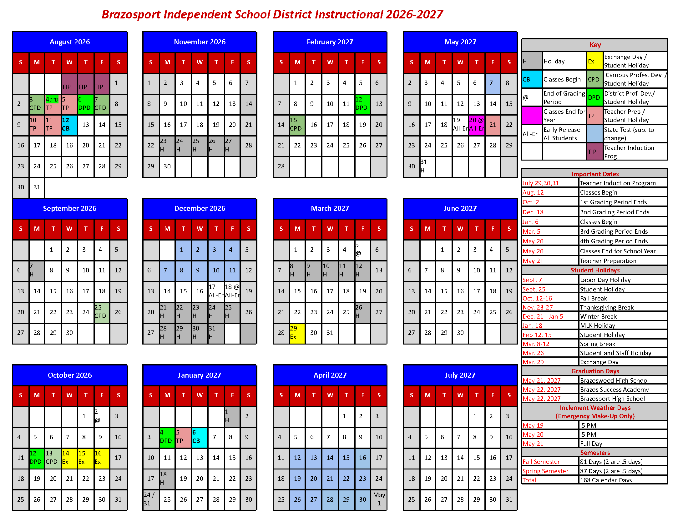 2026–2027 Calendar - Brazosport Independent School District pertaining to K12 Calendar 2026 - 2027