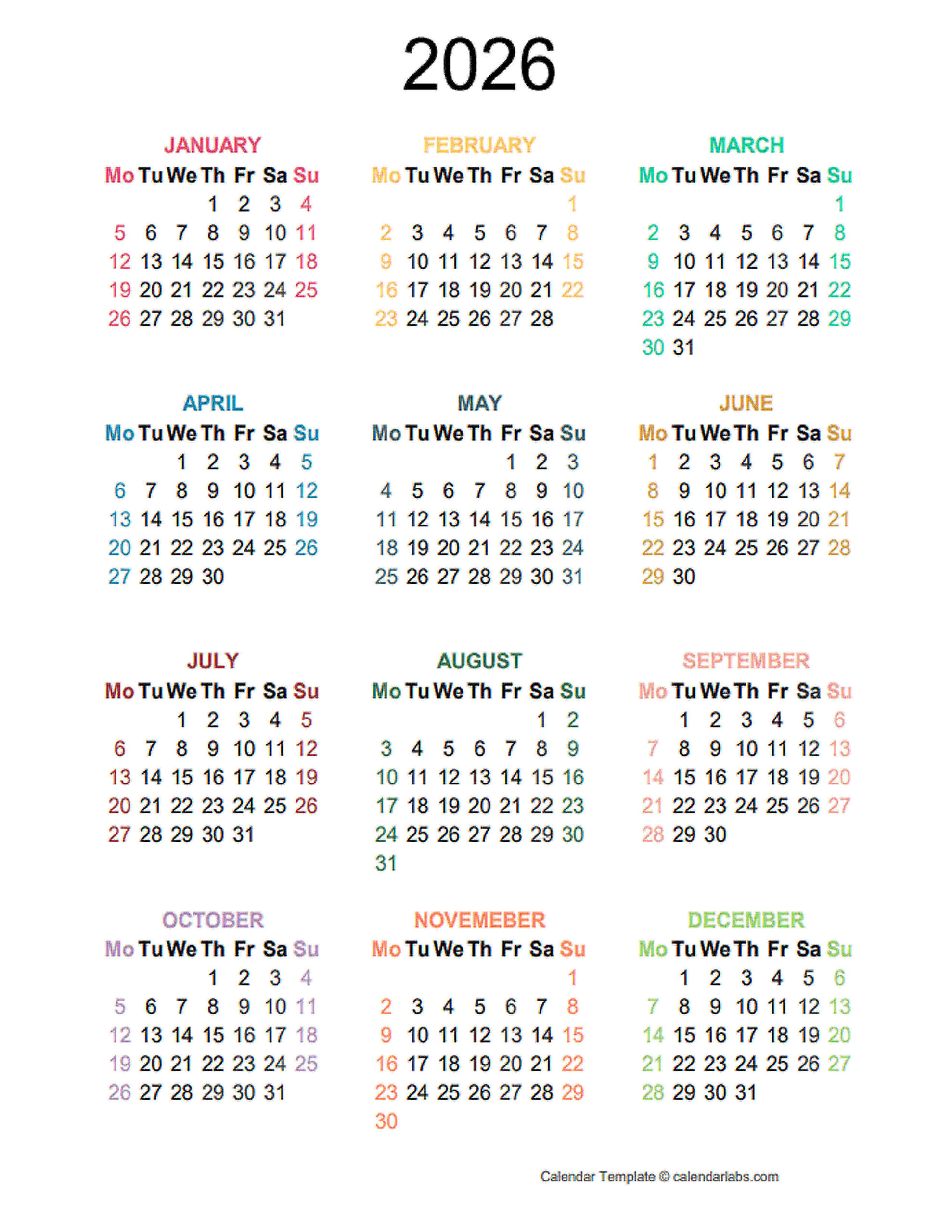 2026 Annual Calendar - School Academic Calendar for Calendar Labs 2026 Printable Calendar