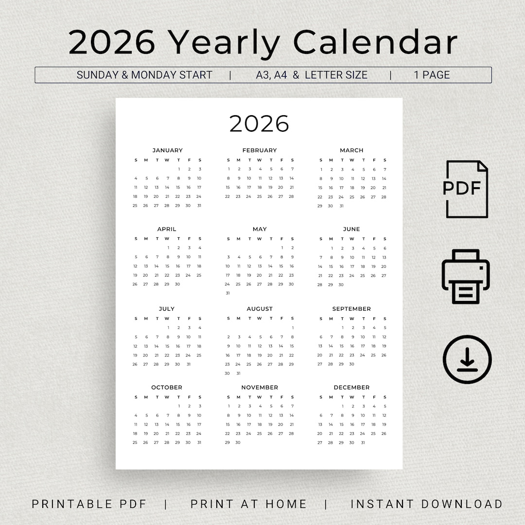 2026 Calendar 2026 Yearly Calendar Printable 2026 Wall Calendar within At A Glance Yearly Calendar 2026