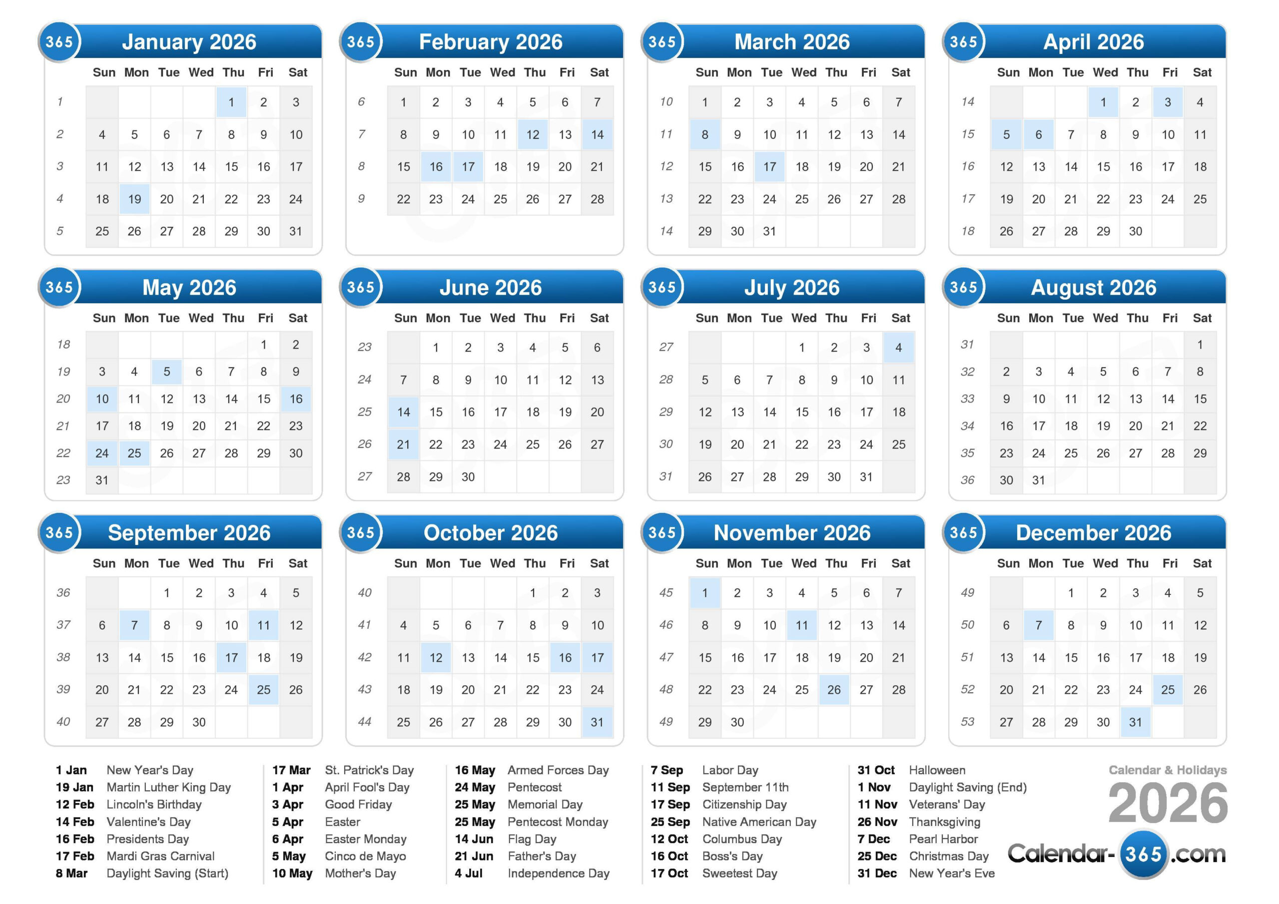 2026 Calendar for Calendar 365 2026 Printable