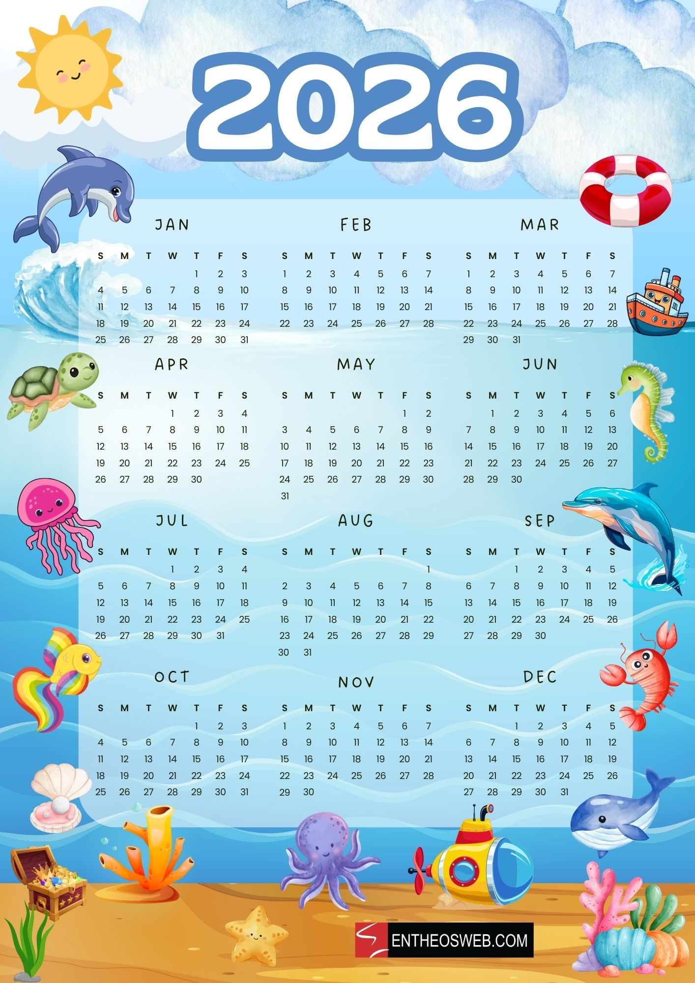 2026 Calendar For Kids – Cute Single Page Full Year Pdf Printable throughout Printable Calendar 2026 For Kids