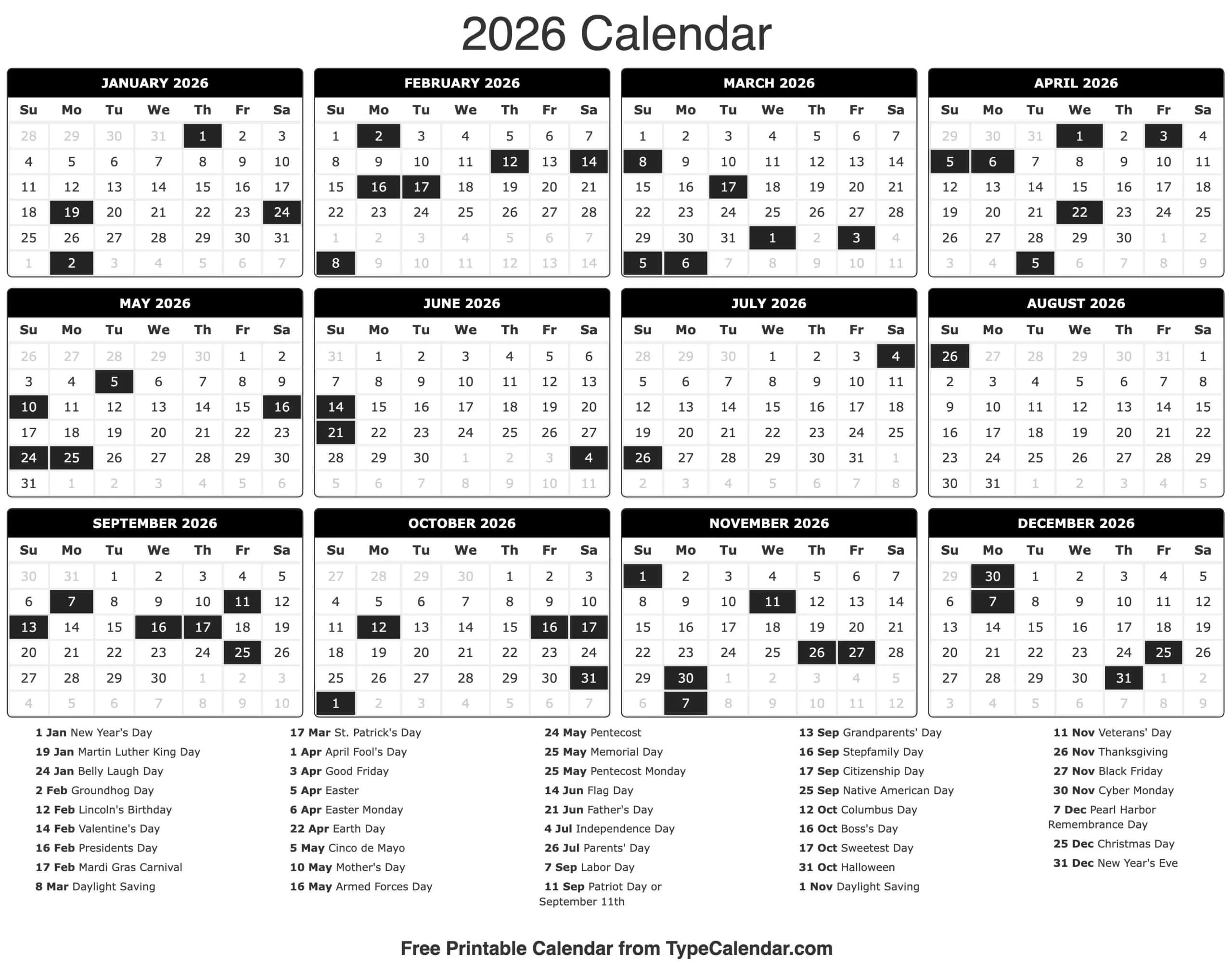 2026 Calendar - Free Printable Calendar With Holidays intended for General Blue Calendar 2026 Printable Monthly