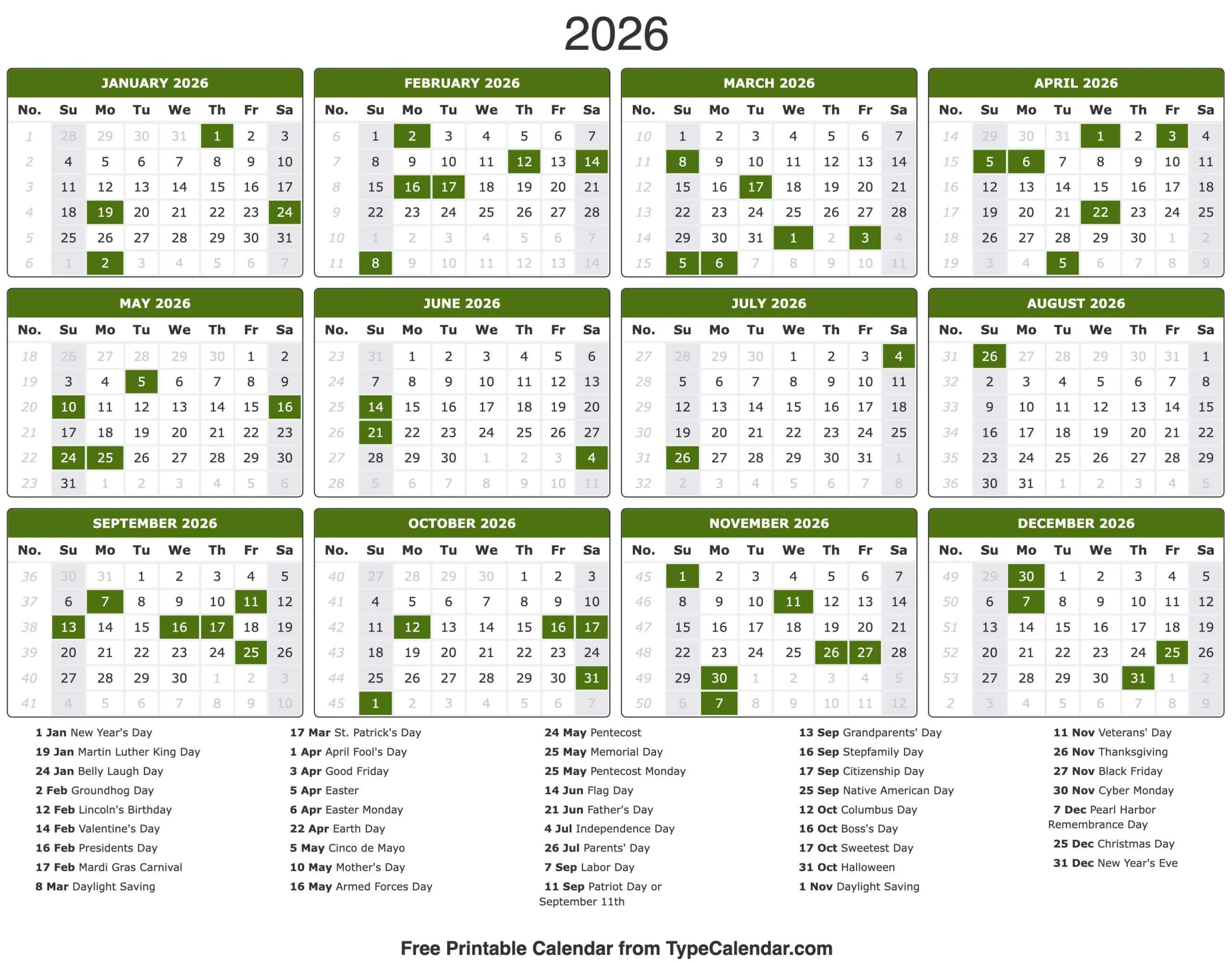 2026 Calendar - Free Printable Calendar With Holidays with Calendar 2026 Printable With Holidays