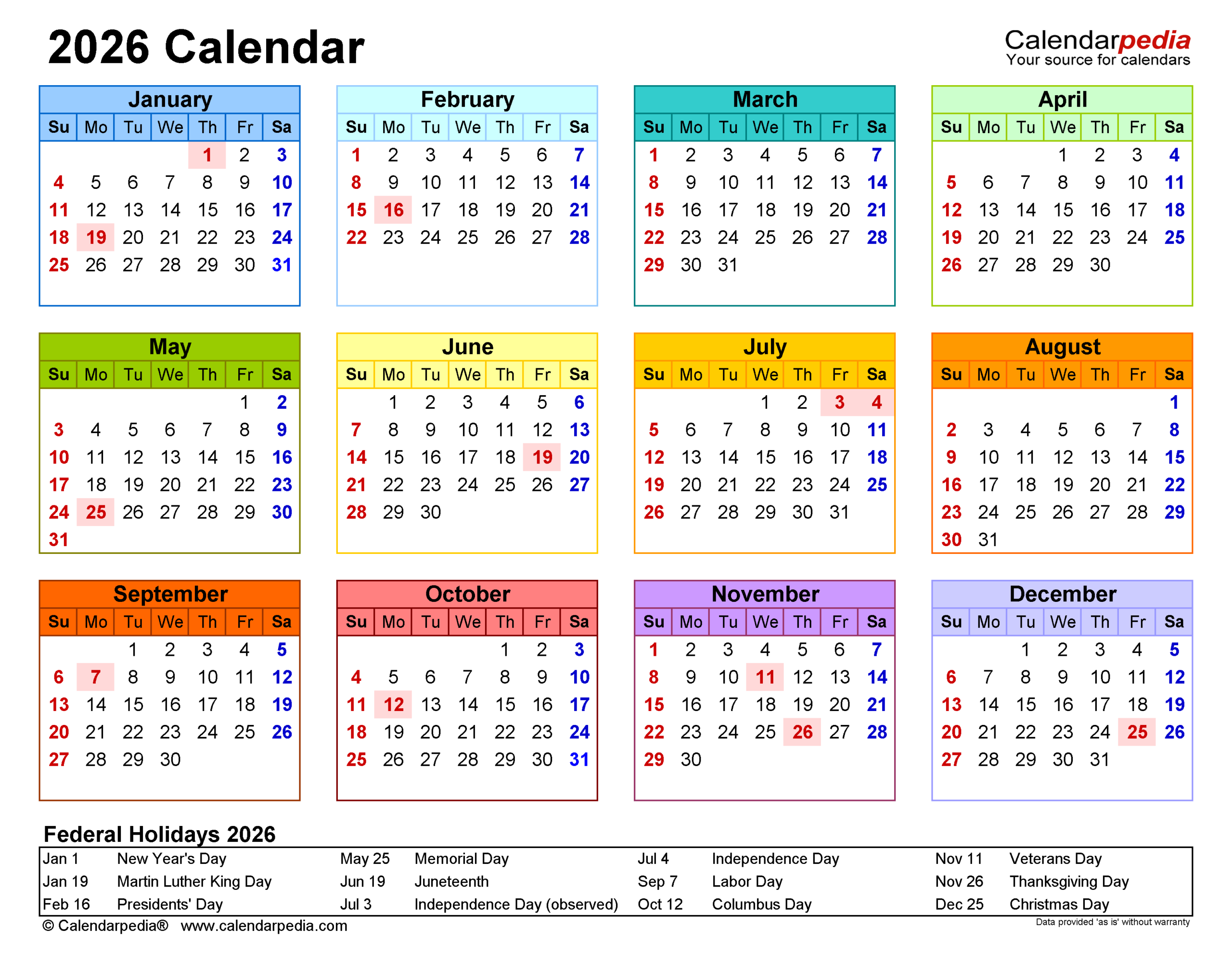 2026 Calendar - Free Printable Pdf Templates | Calendarpedia intended for With Holidays Calendar 2026 Printable