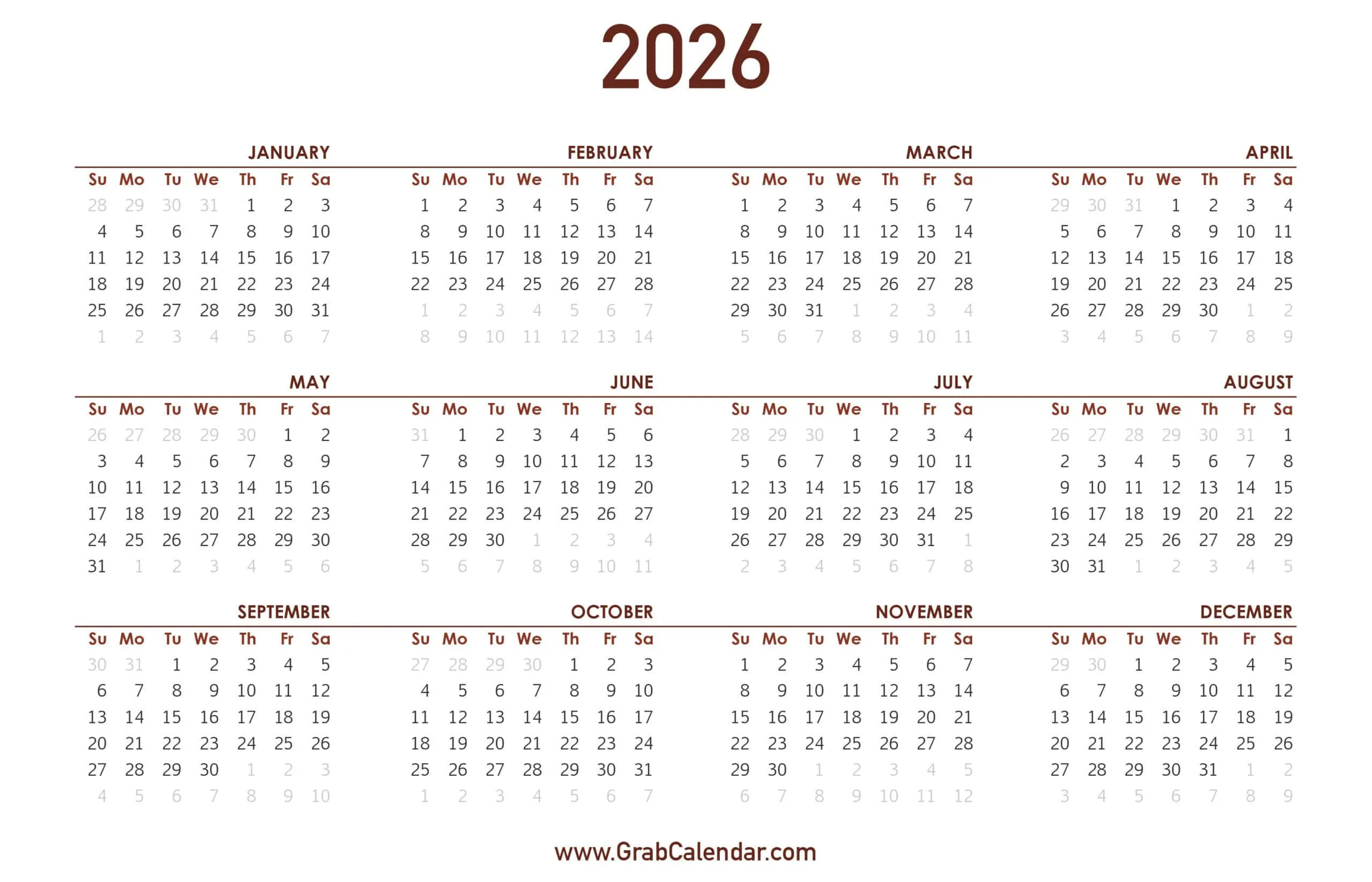 2026 Calendar - Grab Calendar intended for 2026 Calendar Printable Time And Date