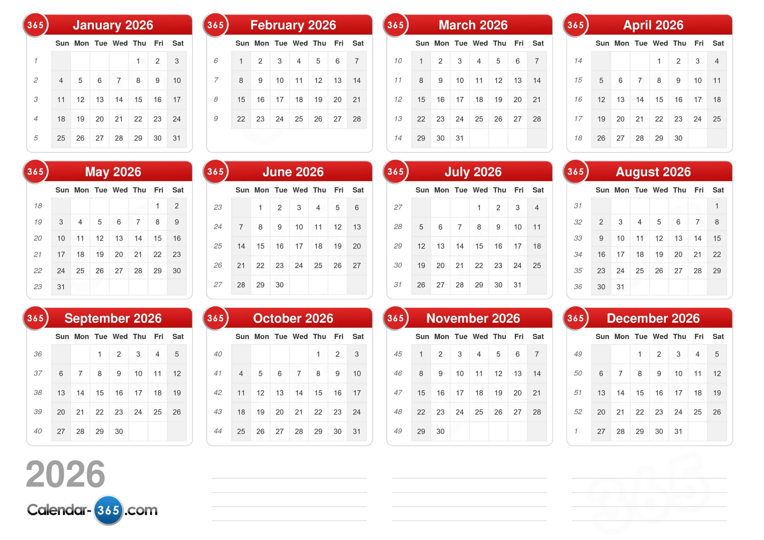 2026 Calendar pertaining to 2026 Calendar Printable With Week Numbers