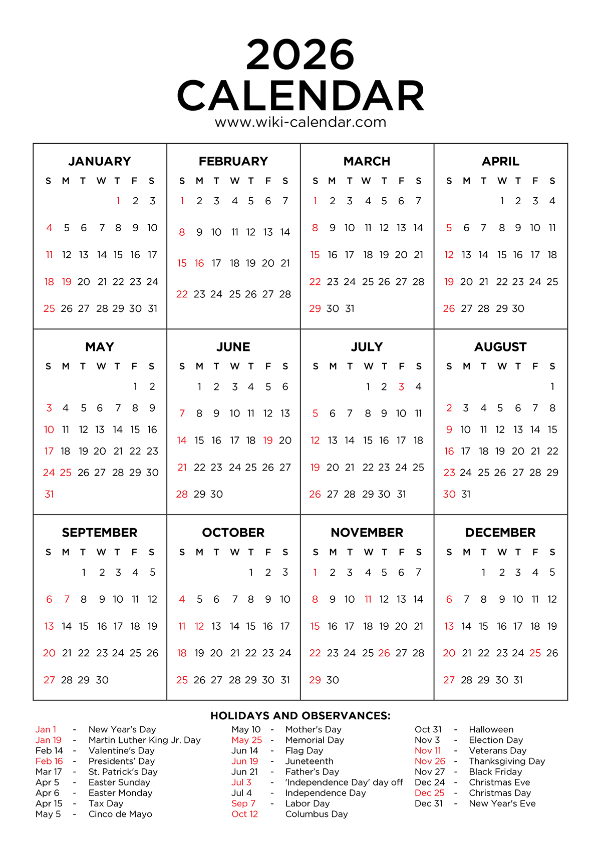 2026 Calendar Printable - Free Pdf With Holidays with regard to Calendar 2026 Printable Free Ireland