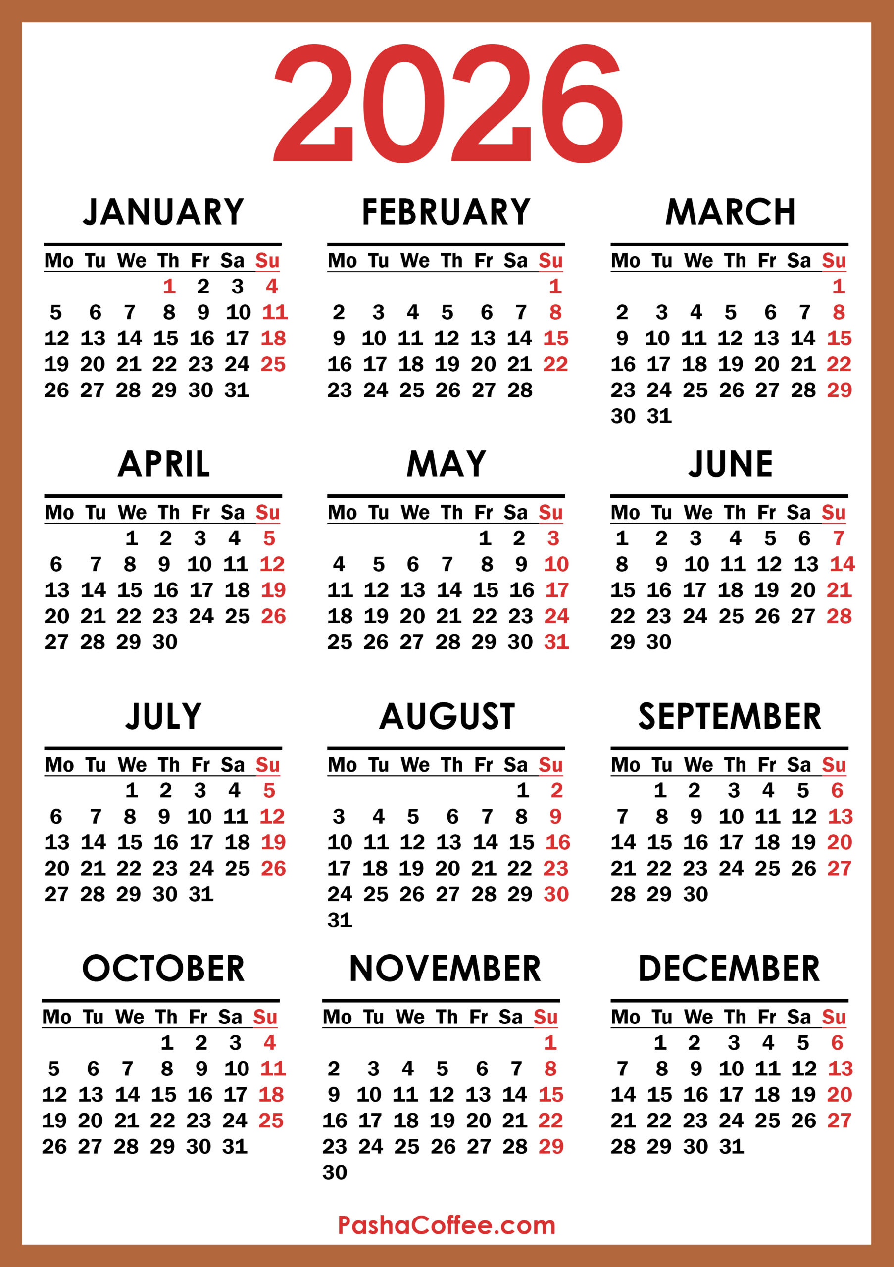 2026 Calendar, Printable Free, Vertical, Monday Start pertaining to Free Printable 2026 Calendar Without Download