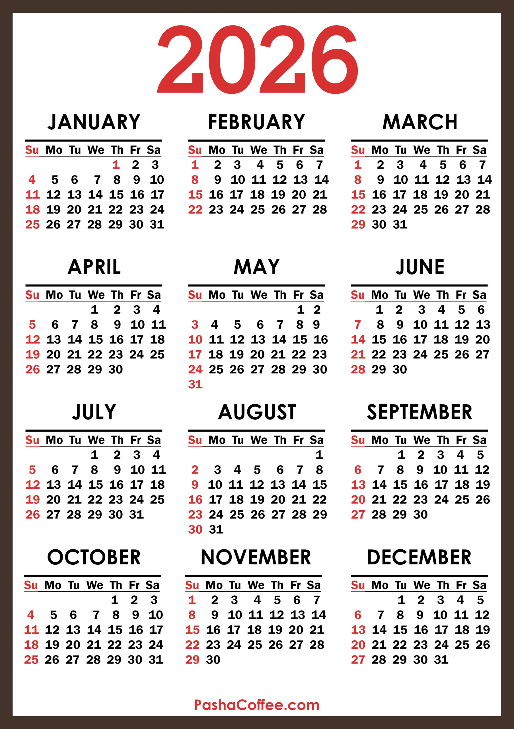 2026 Calendar, Printable Free, Vertical, Sunday Start with regard to Free Download 2026 Calendar Printable