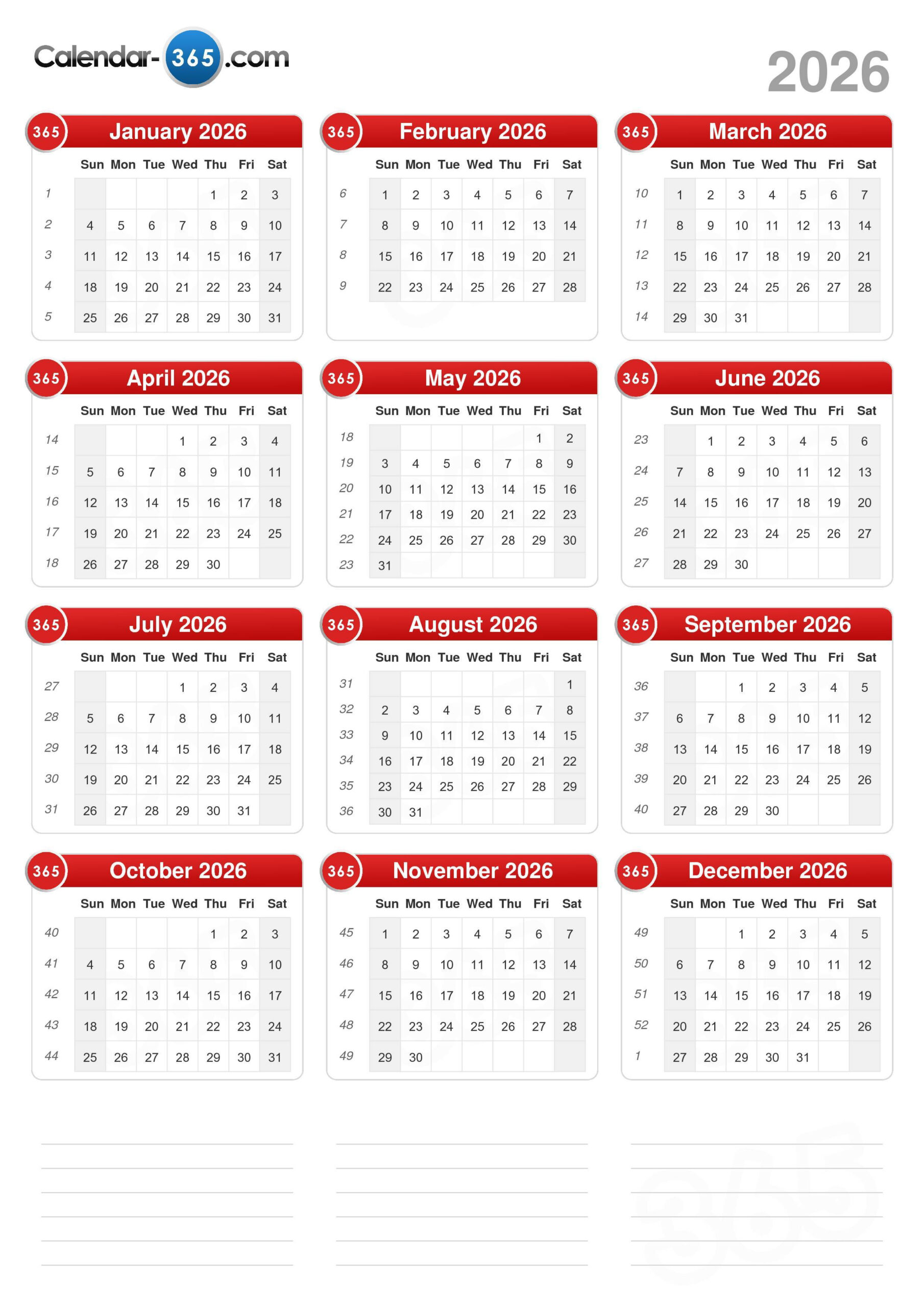 2026 Calendar with 2026 Calendar Printable 365