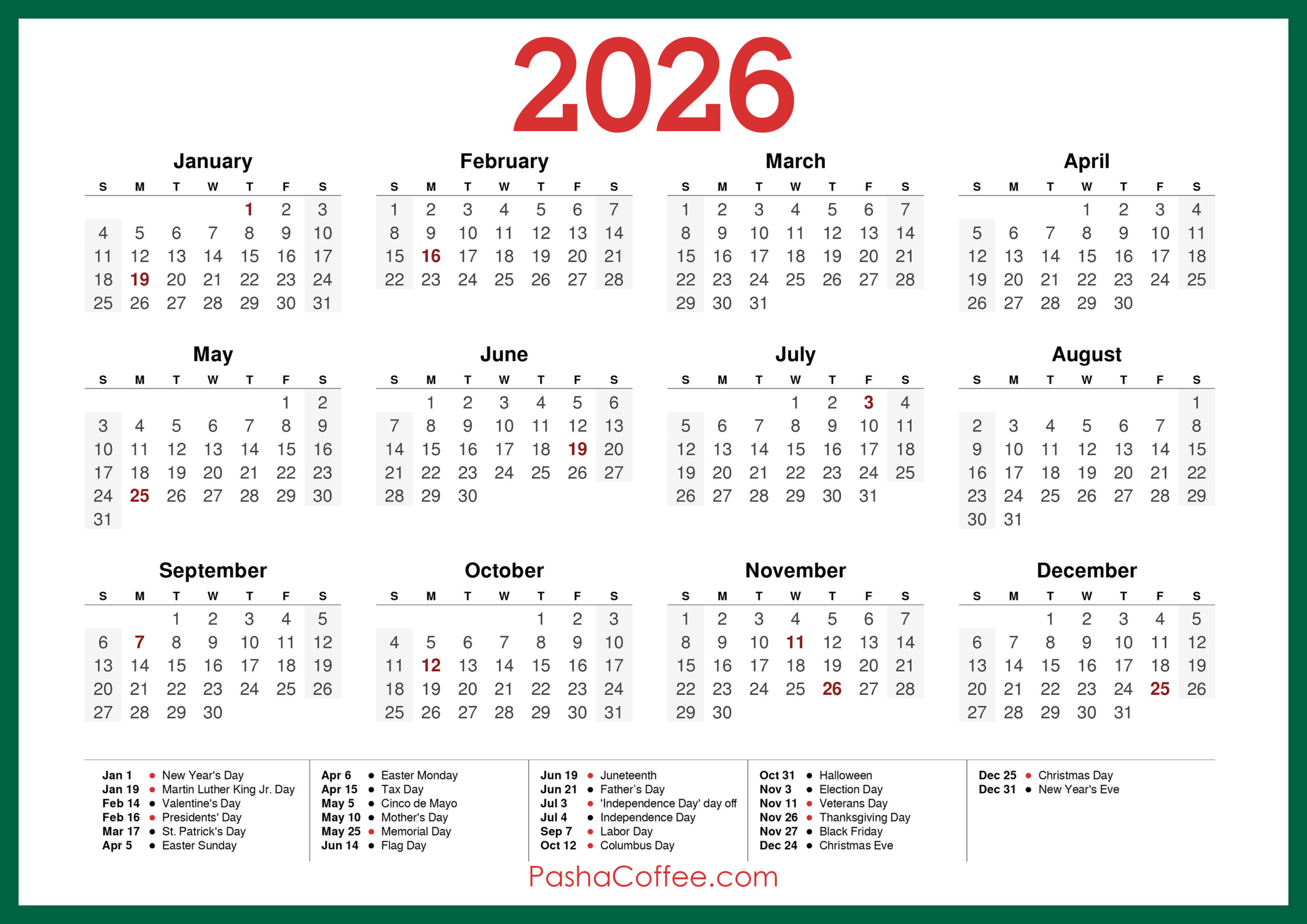 2026 Calendar With Holidays, Printable Free, Horizontal, Green throughout With Holidays 2026 Calendar Printable