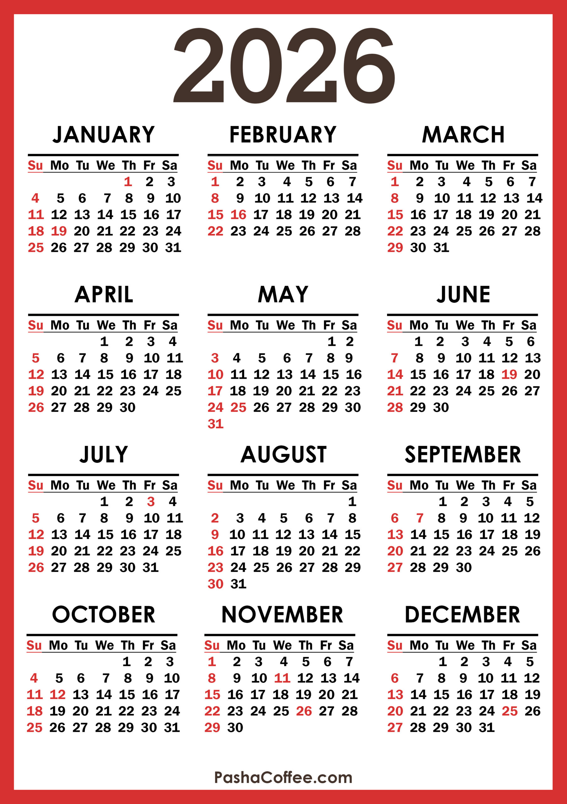 2026 Calendar With Holidays, Printable Free, Vertical, Red with 2026 Calendar with Holidays Printable