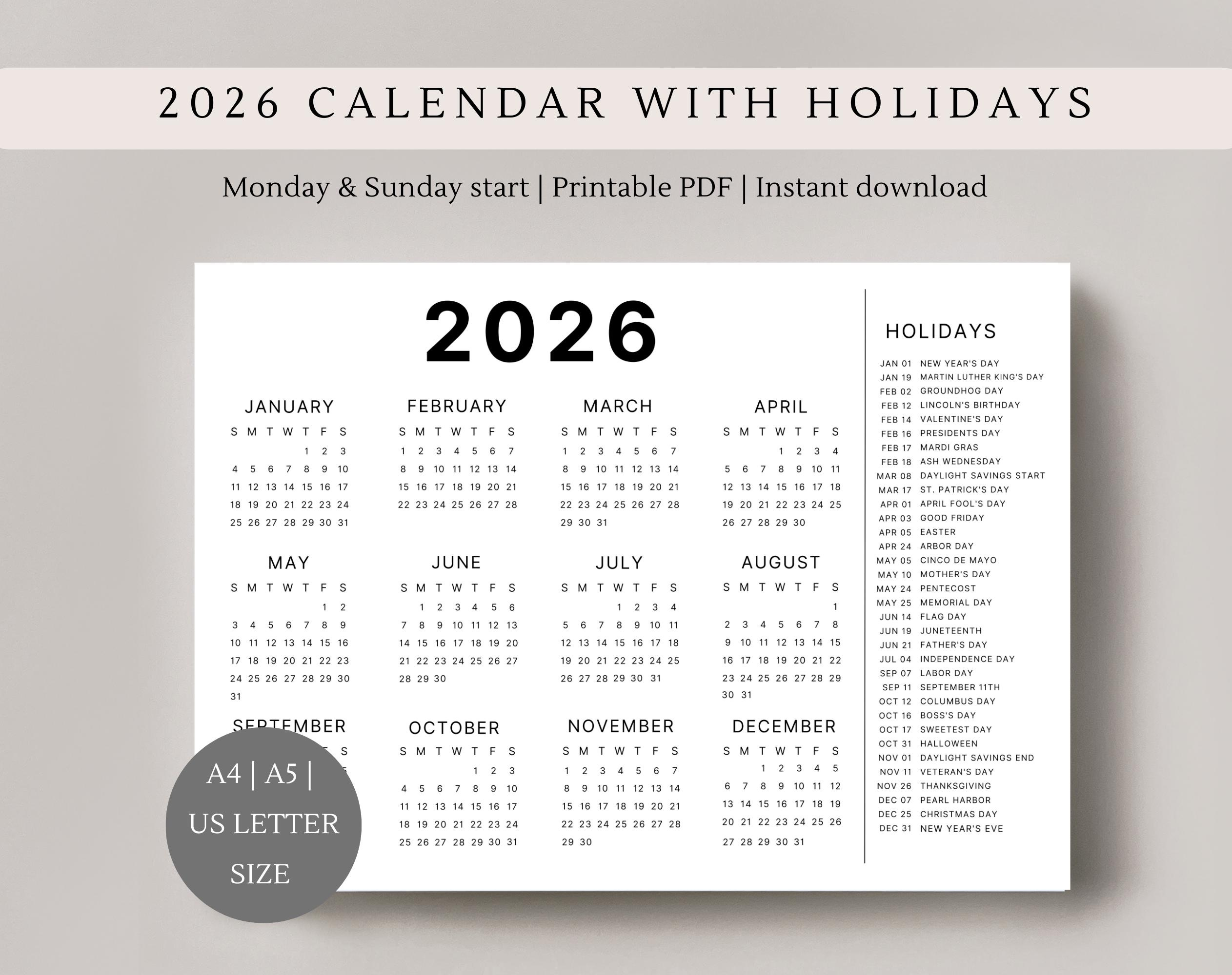 2026 Calendar With Holidays | Single Page | Full Year Calendar with regard to Printable 8X10 2026 Calendar