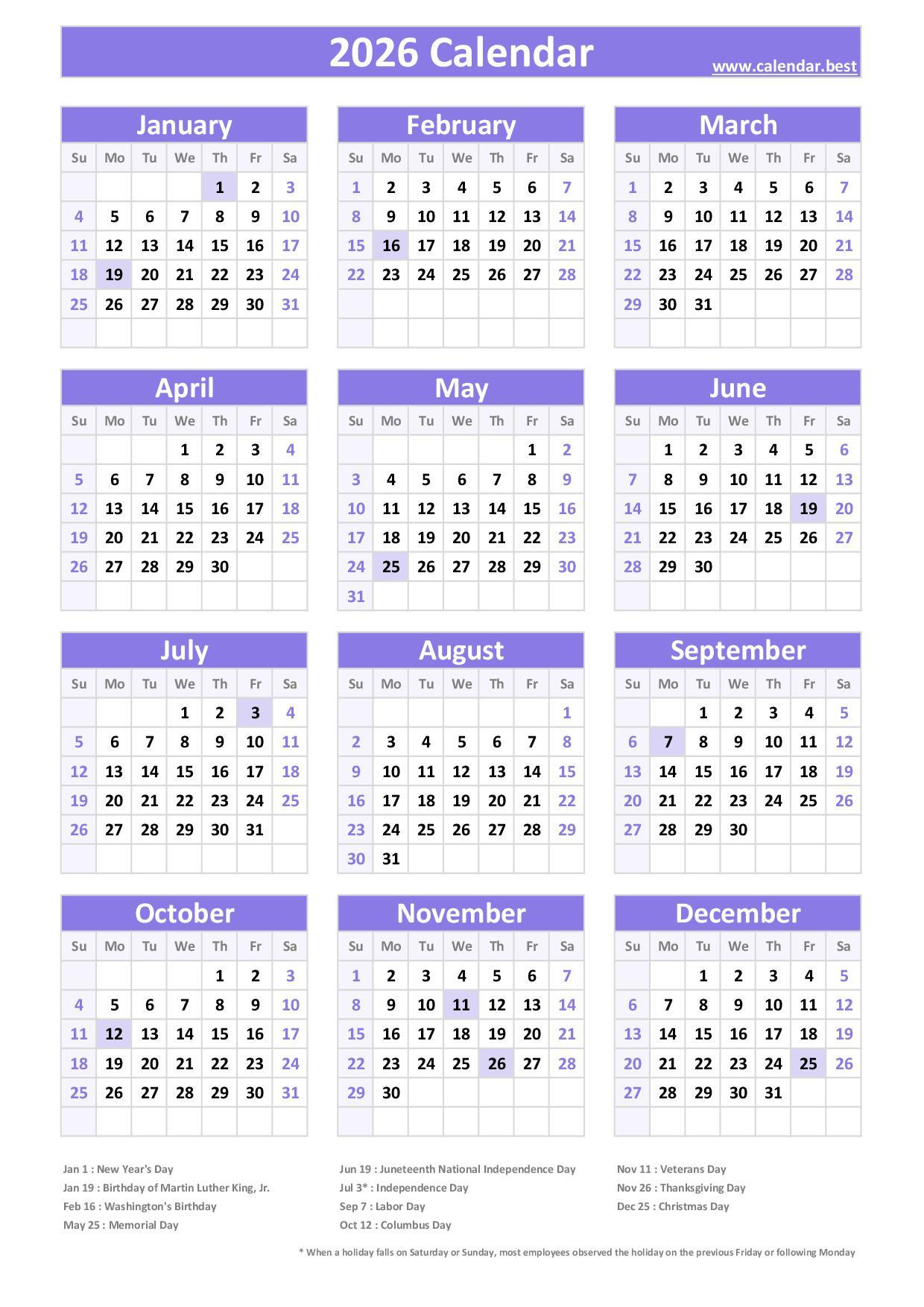 2026 Calendar With Holidays (Us Federal Holidays) regarding 2026 Calendar Printable Trinidad