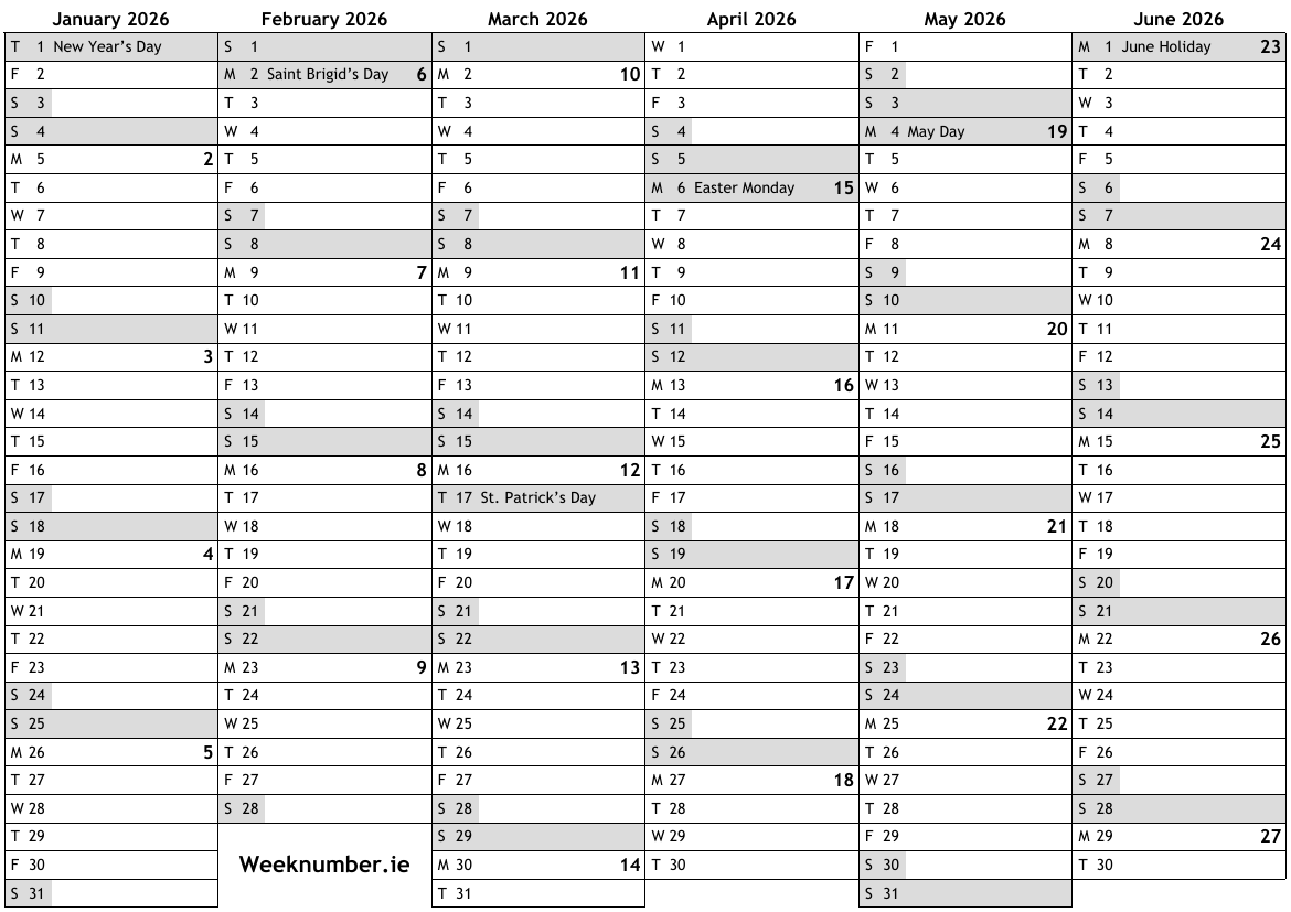 2026 Calendar With Week Numbers And Holidays For Ireland in Calendar 2026 Printable Ireland
