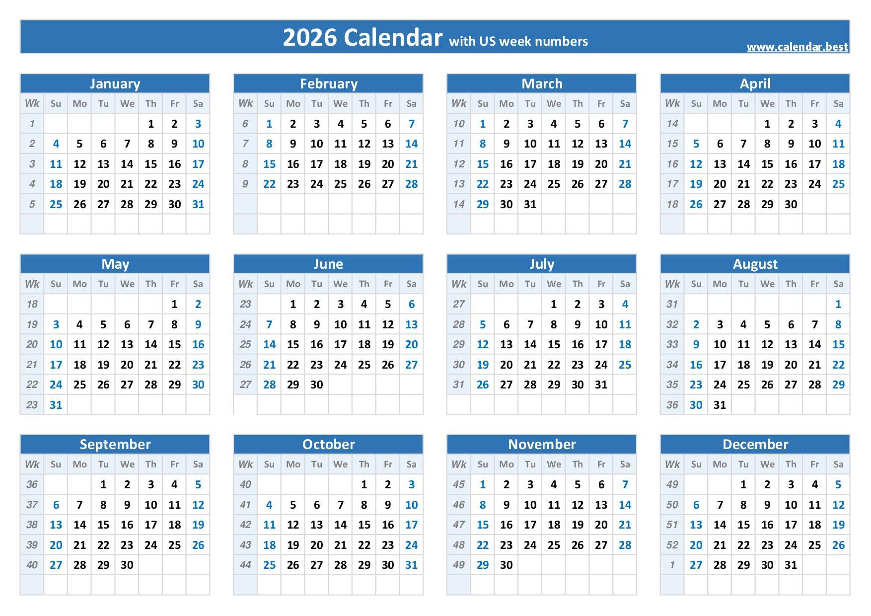 2026 Calendar With Week Numbers (Us And Iso Week Numbers) in 2026 Calendar Printable with Weeks