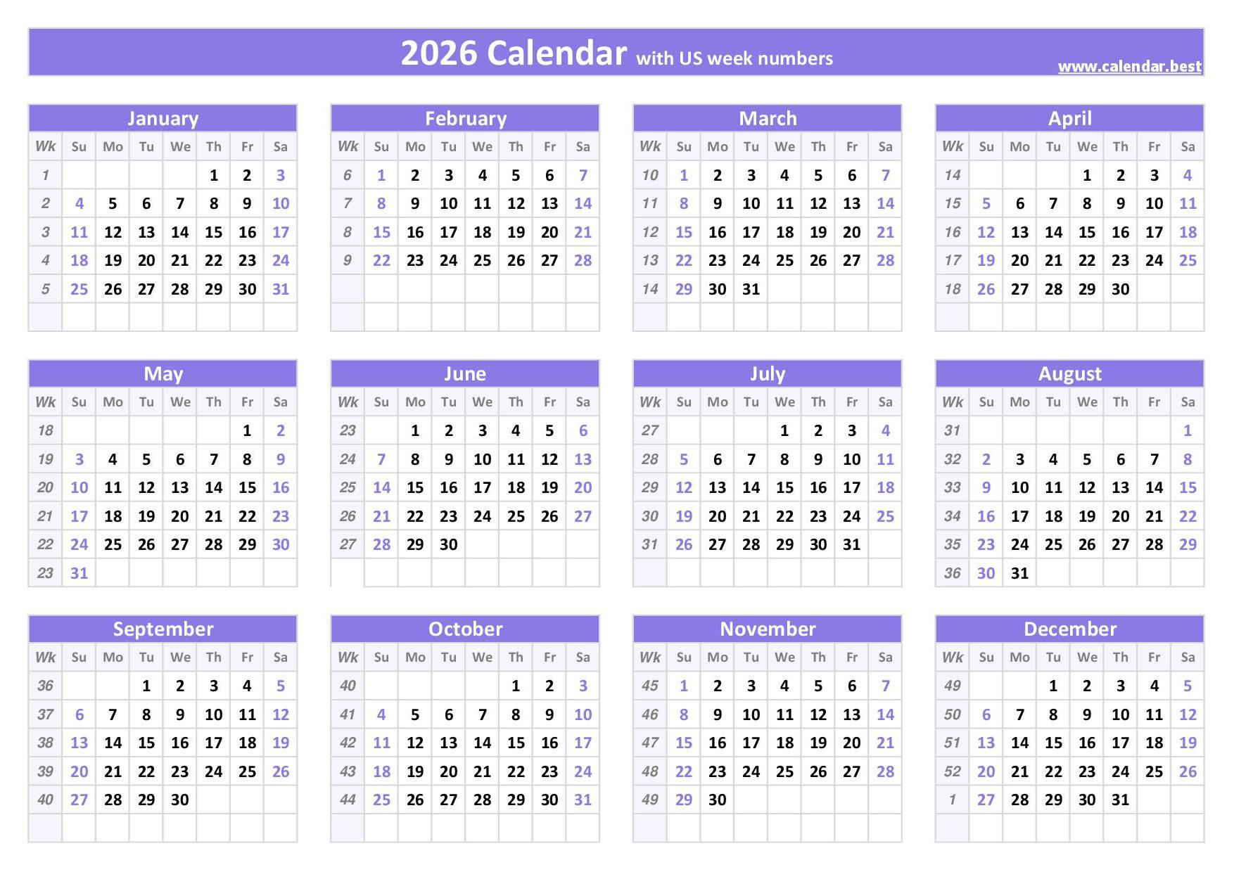 2026 Calendar With Week Numbers (Us And Iso Week Numbers) throughout What Calendars Work In 2026?