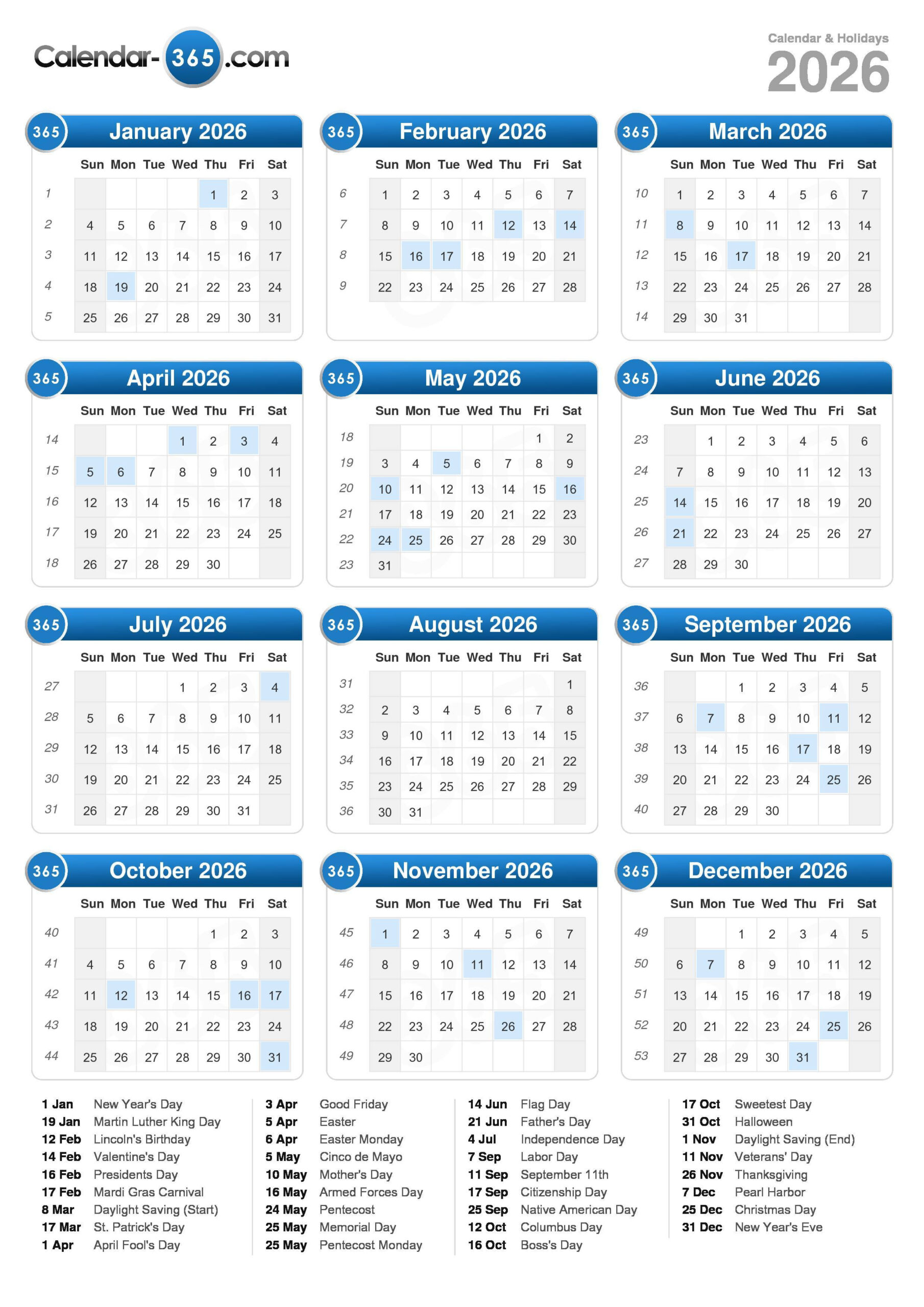 2026 Calendar within Number of Weekends in 2026