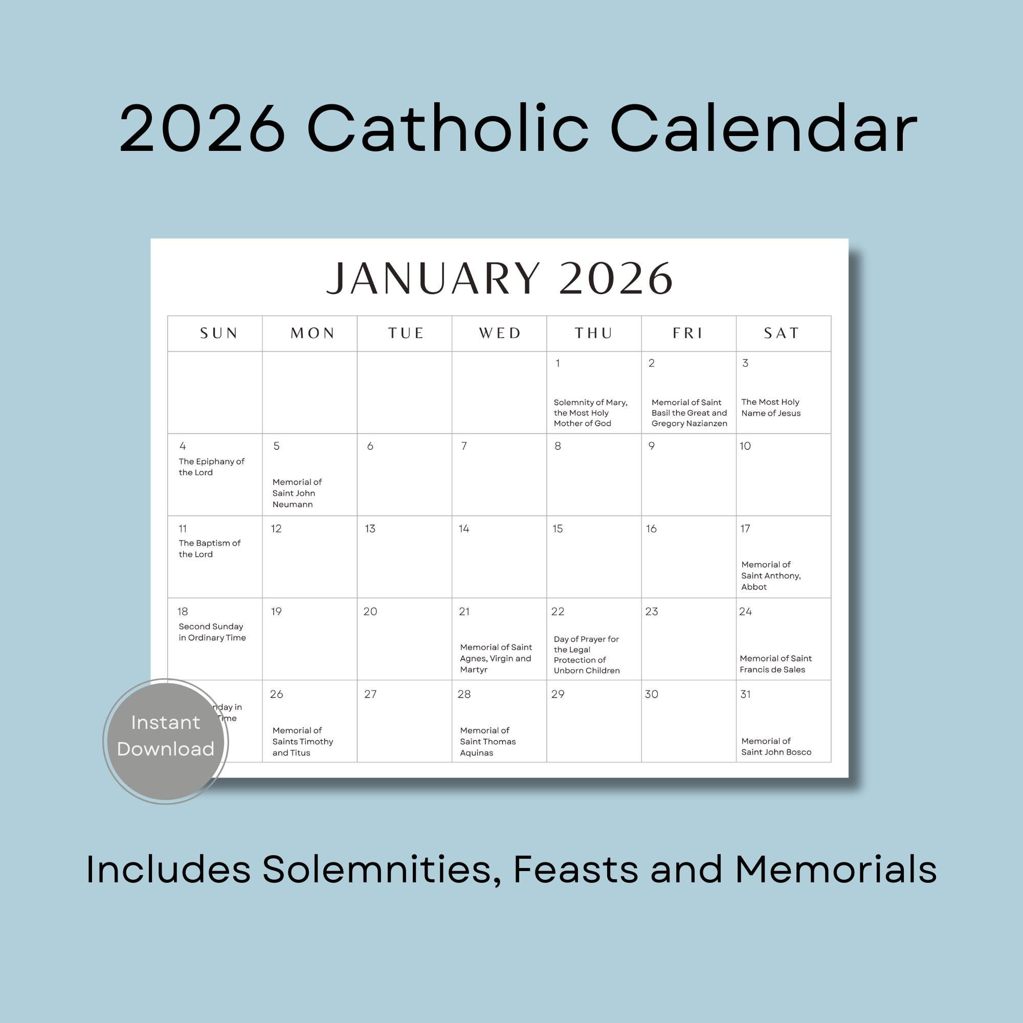 2026 Catholic Calendar, Printable Catholic Calendar, Feasts inside Catholic Desk Calendar 2026