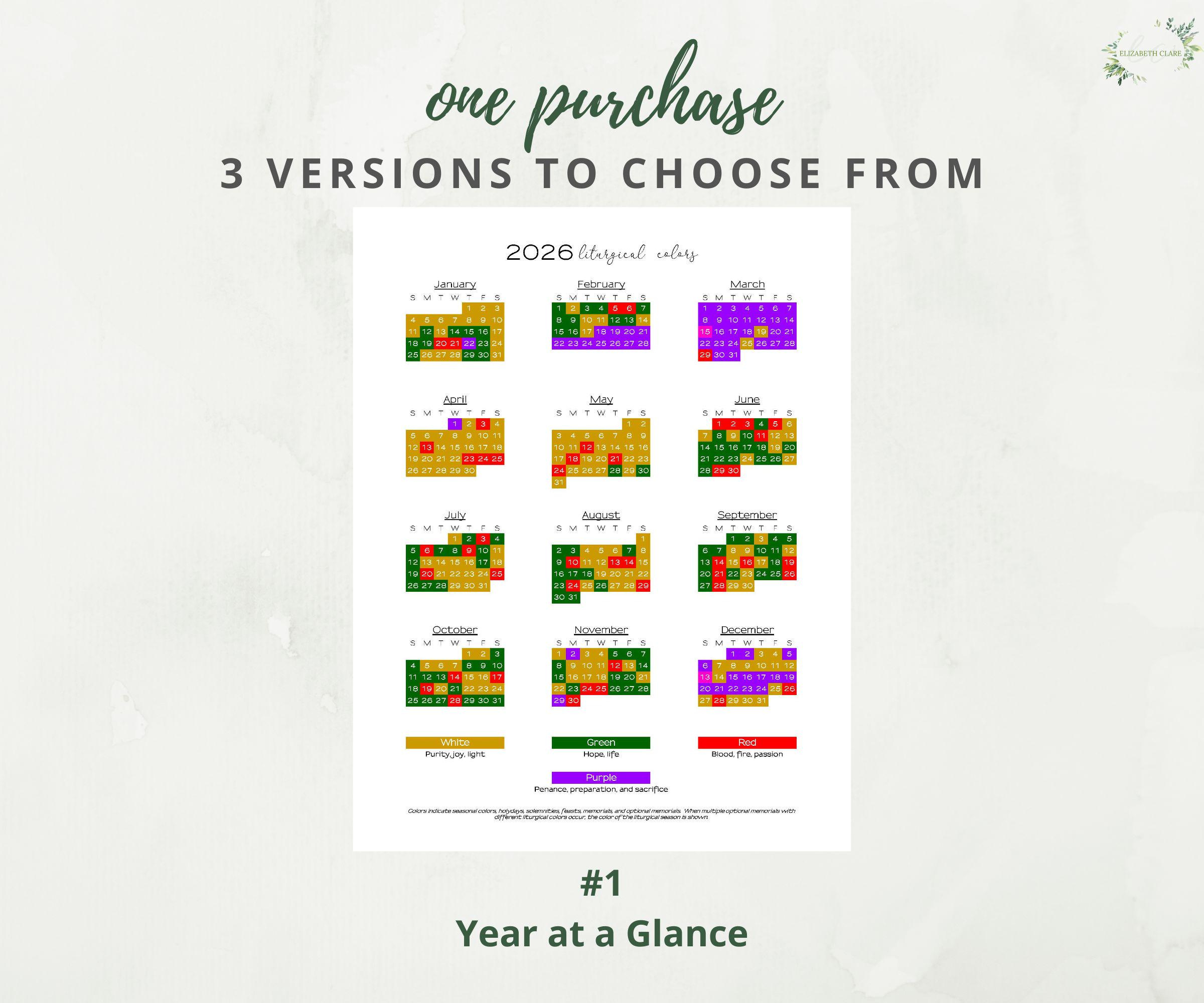 2026 Catholic Liturgical Year Calendar At A Glance: Liturgical throughout Pcusa Liturgical Calendar 2026