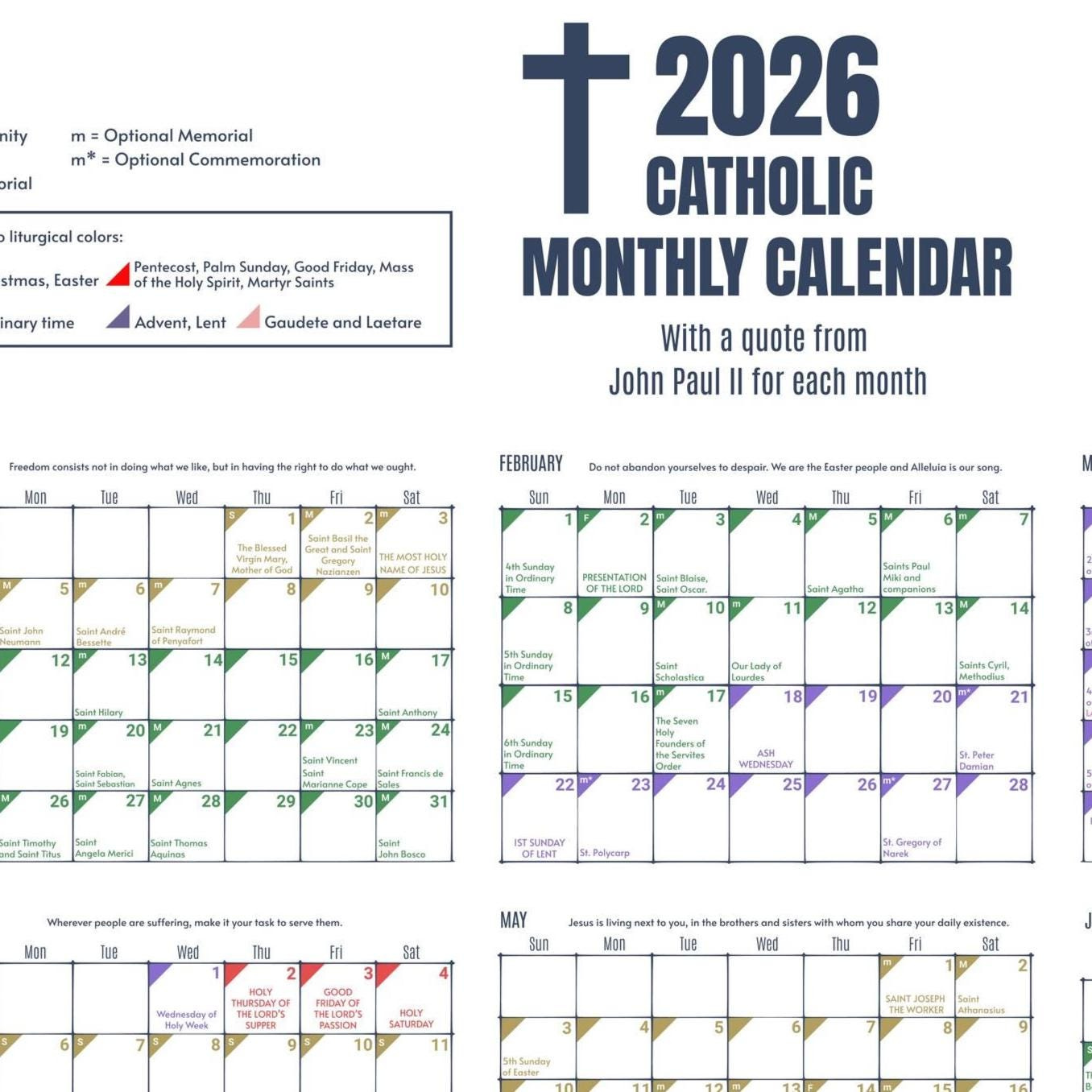 2026 Color-Coded Liturgical Calendar - Instant Download Catholic regarding Catholic Liturgical Calendar 2026 Printable