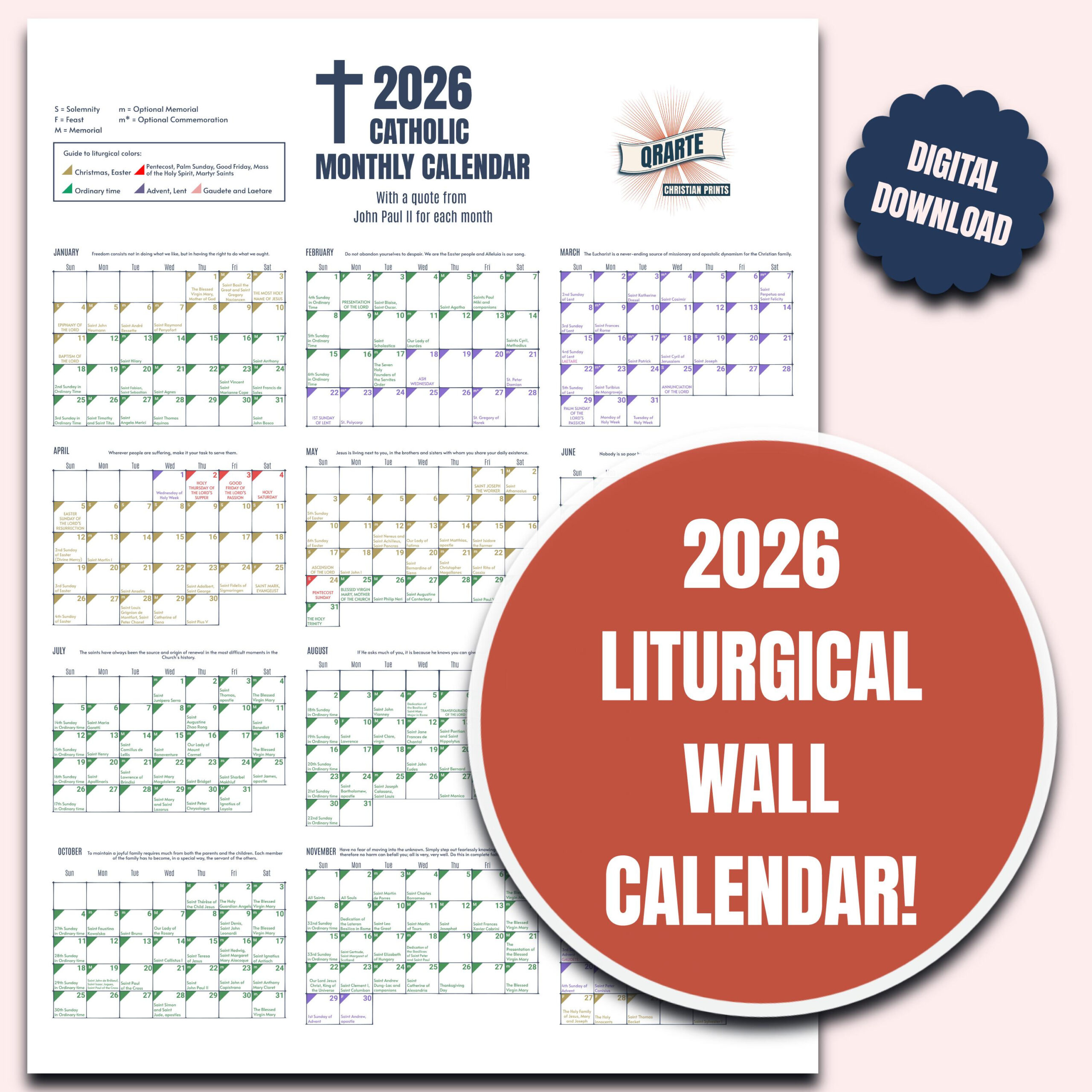 2026 Color-Coded Liturgical Calendar - Instant Download Catholic regarding Liturgical Calendar 2026 Australia