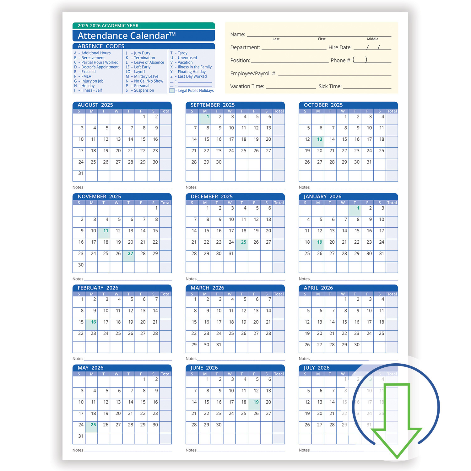 2026 Downloadable Academic Year Employee Attendance Calendar inside 2026 Employee Attendance Calendar Template Free