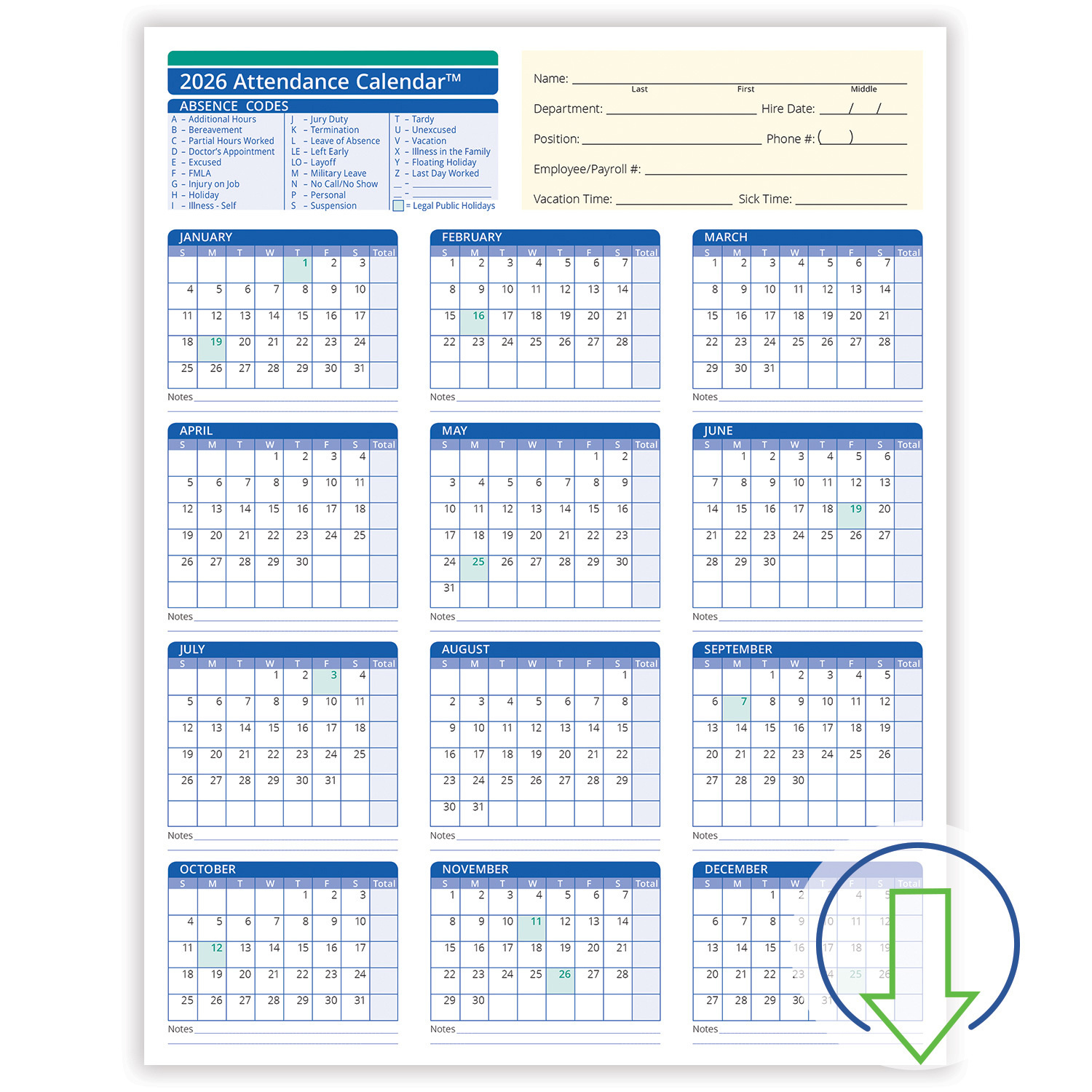 2026 Downloadable Employee Attendance Calendar | Hrdirect with regard to Employee Attendance Calendar 2026 Template Free
