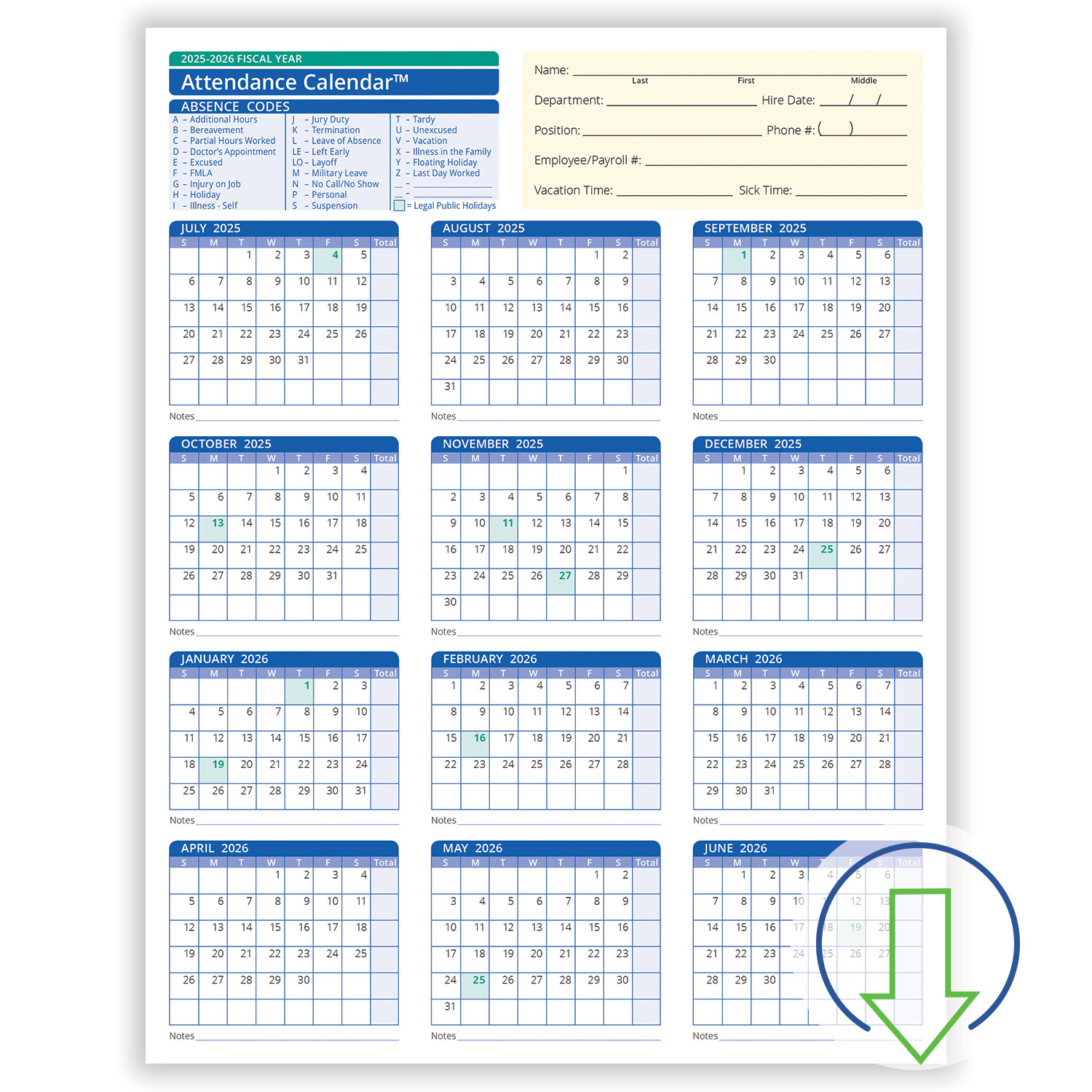 2026 Downloadable Fiscal Year Employee Attendance Calendar | Hrdirect with regard to Free 2026 Attendance Calendar Printable