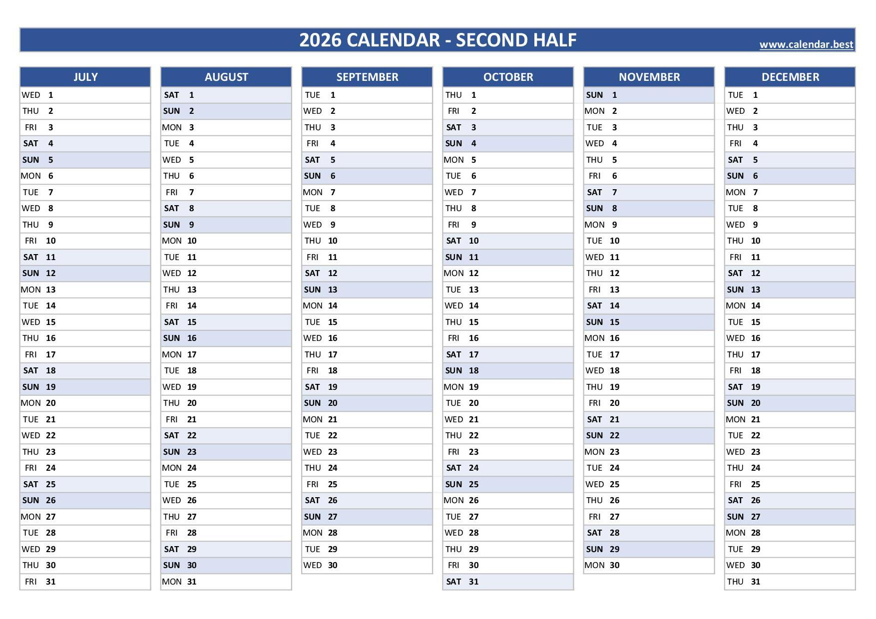 2026 Half Year Calendar To Print with 2026 Calendar Printable 6 Months
