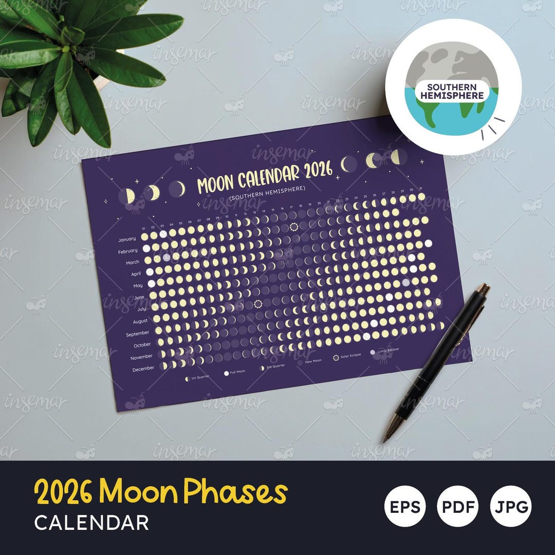 2026 Lunar Calendar Poster: Southern Hemisphere Moon Phases with regard to Southern Hemisphere Moon Phase Calendar 2026