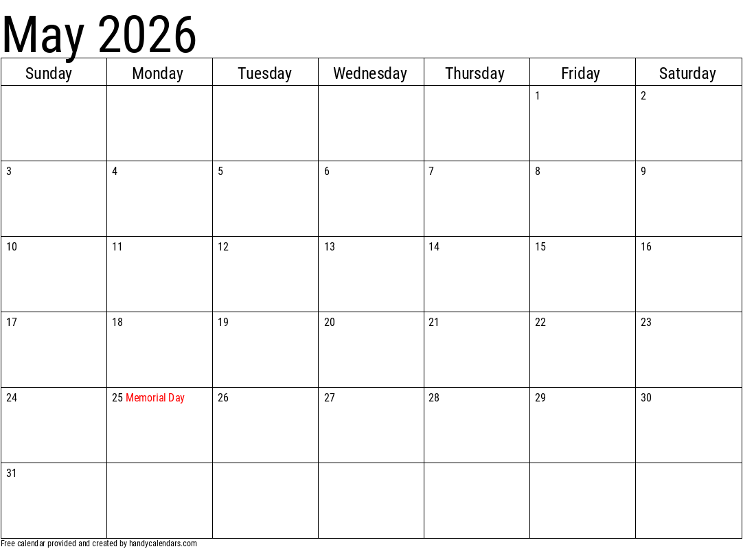 2026 May Calendars - Handy Calendars inside May 2026 Calendar Printable