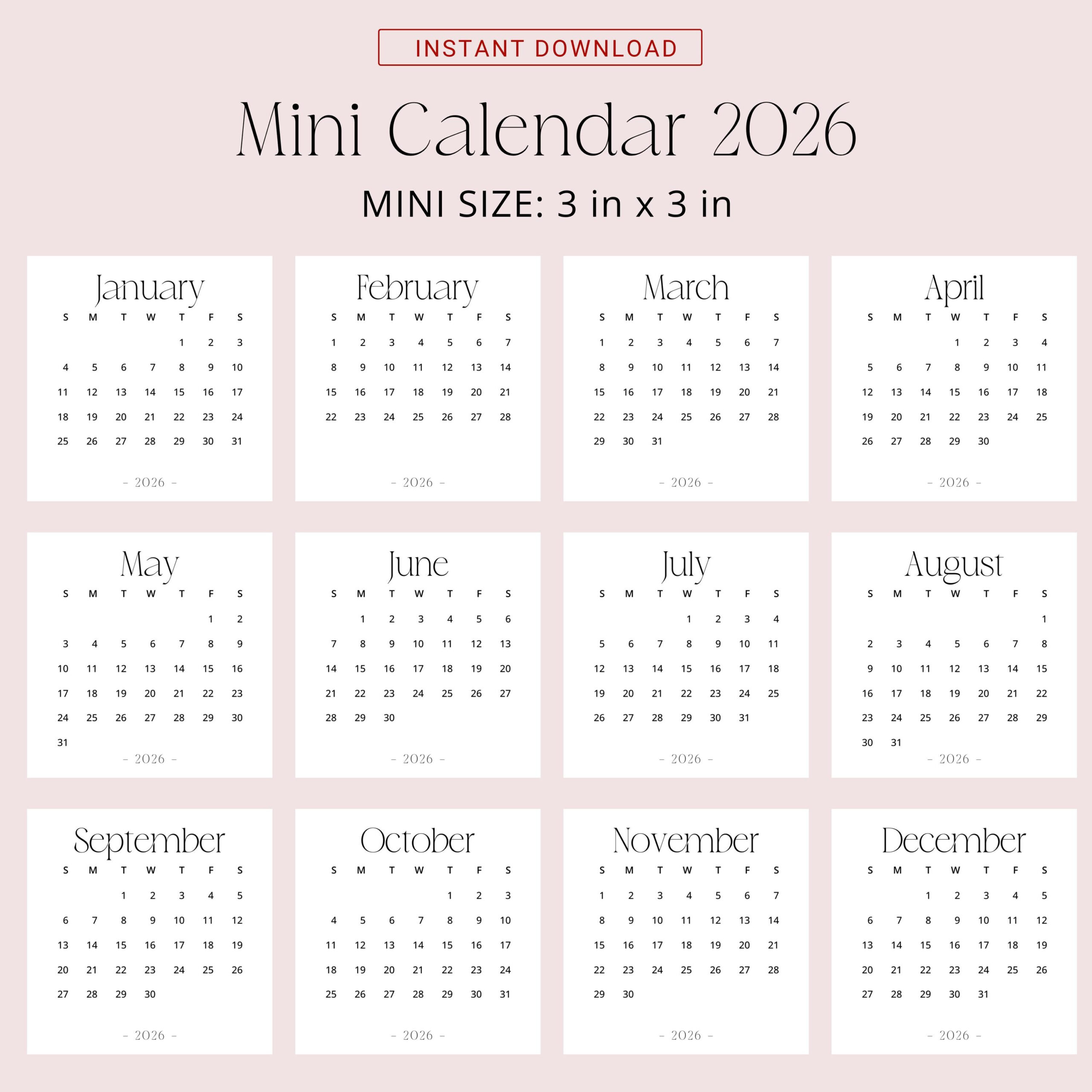 2026 Mini Calendar 3X3 2026 Calendar Small Printable Pdf 2026 in Mini Calendar 2026 Printable