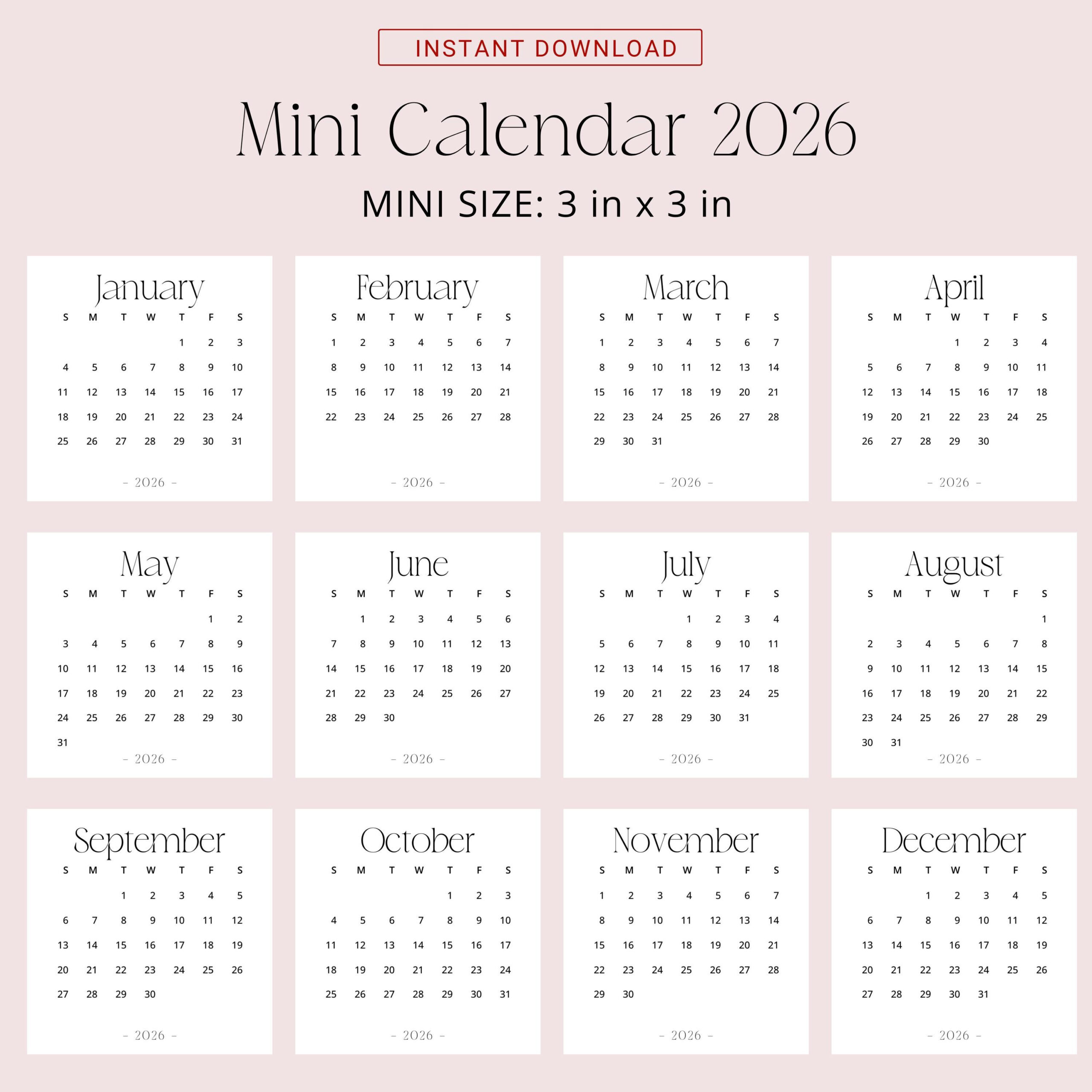 2026 Mini Calendar 3X3 2026 Calendar Small Printable Pdf 2026 throughout 2026 Calendar Printable Small