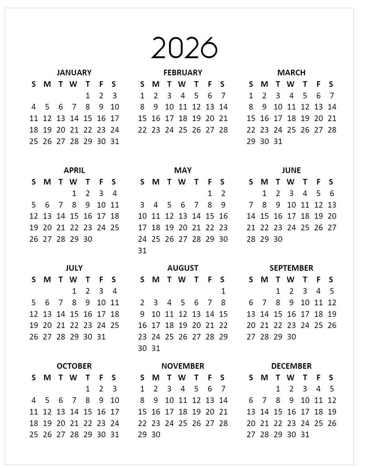 2026 Minimalist Calendar: Year At-A-Glance Printable (Instant intended for 2026 Calendar Printable Ireland