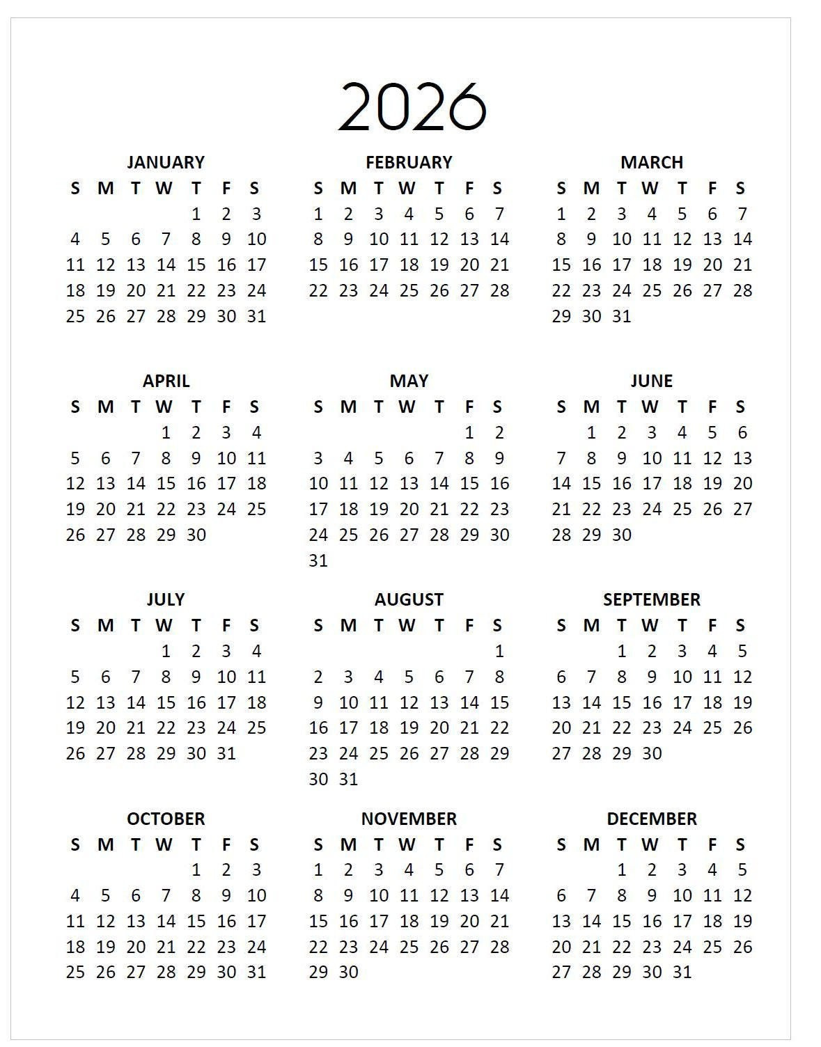 2026 Minimalist Calendar: Year At-A-Glance Printable (Instant with regard to Calendar 2026 Printable Ireland